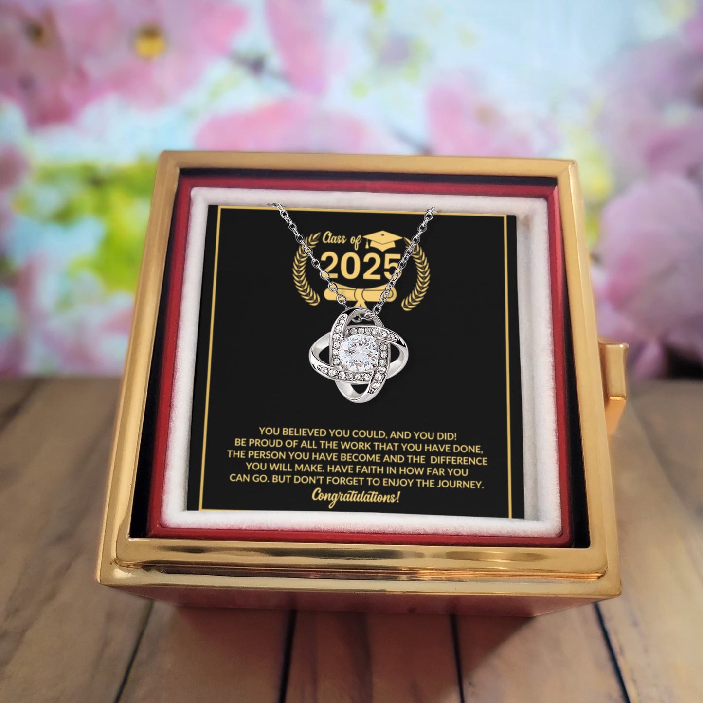 Class of 2025 Graduation Rotating Rose Box with Love Knot Necklace