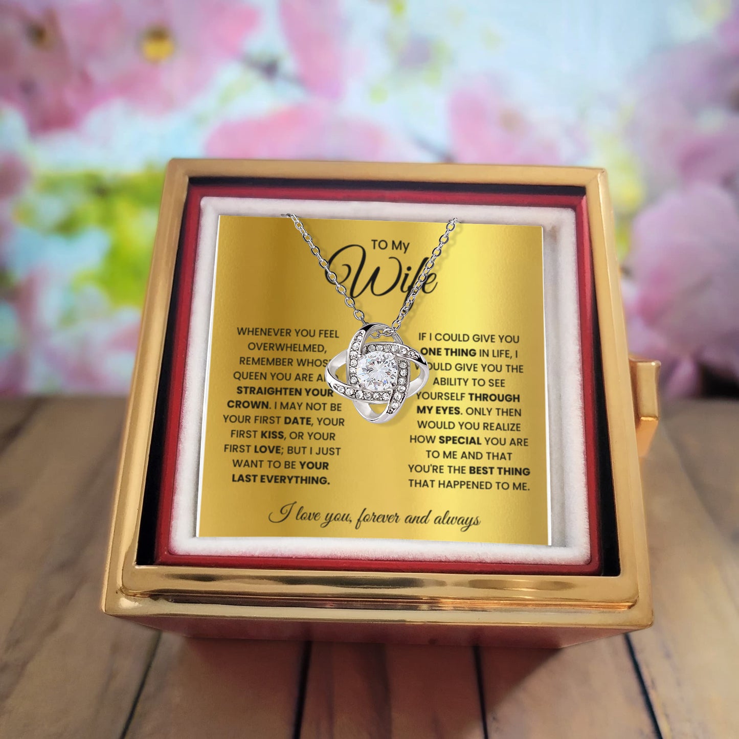To My Wife Rotating Rose Box Love Knot Necklace