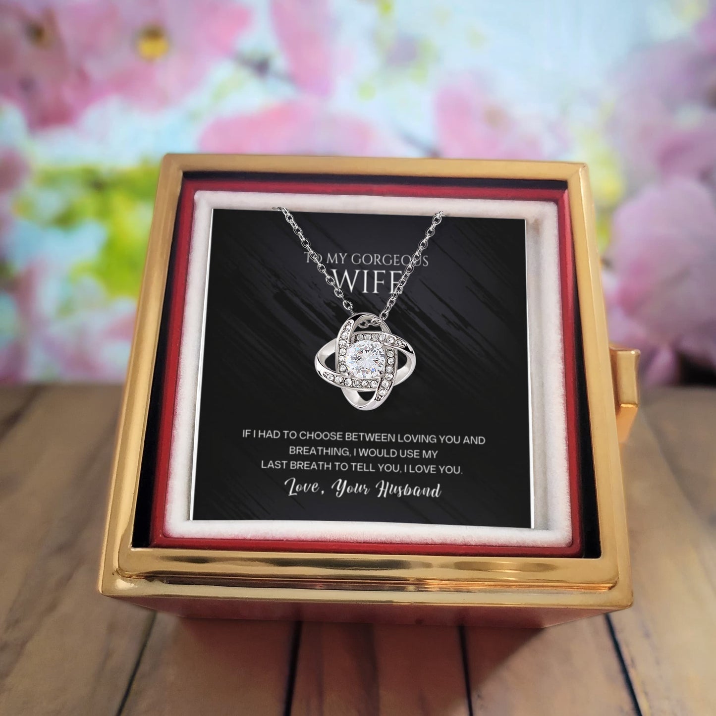To My Wife Rotating Rose Box Love Knot Necklace