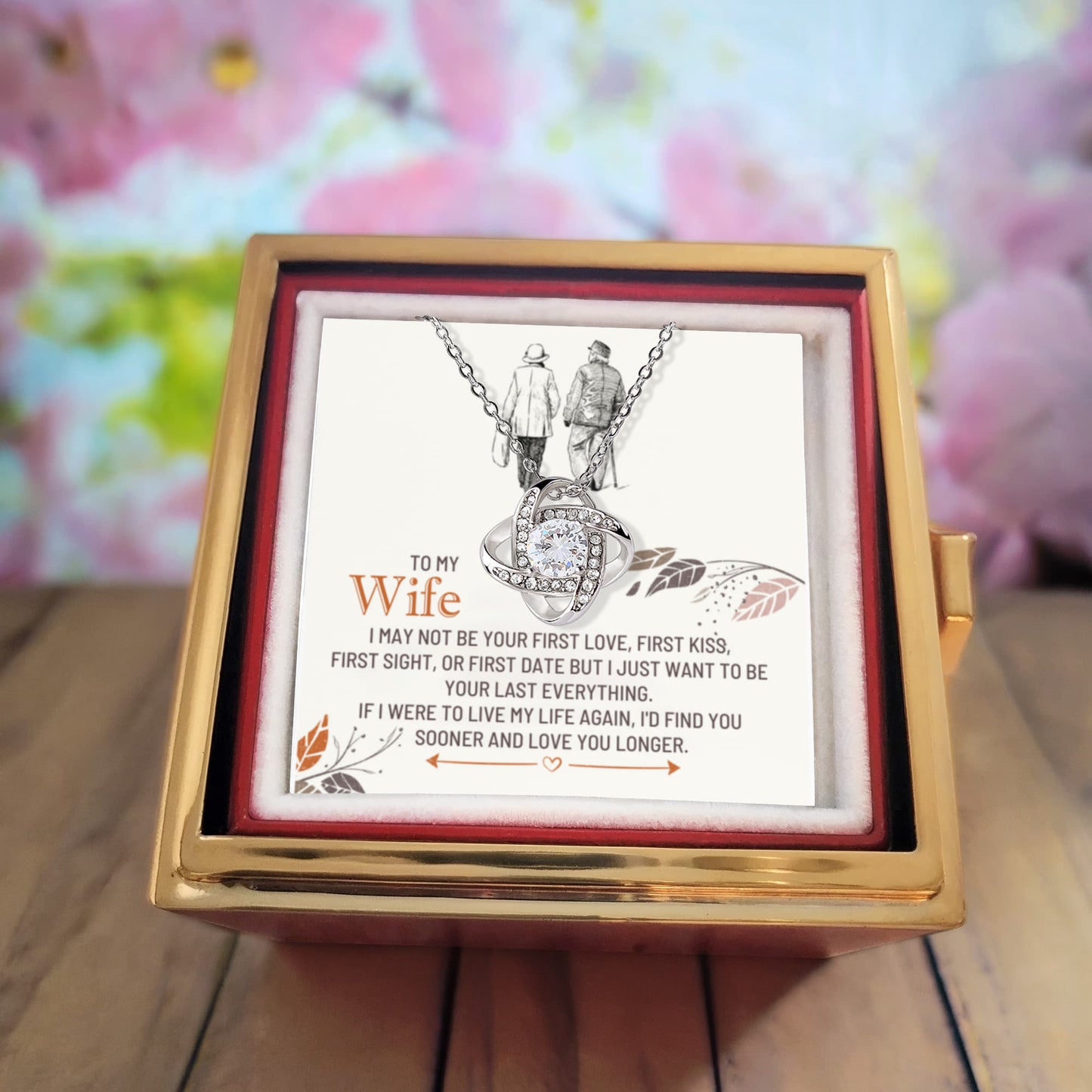 To My Wife Rotating Rose Box Love Knot Necklace