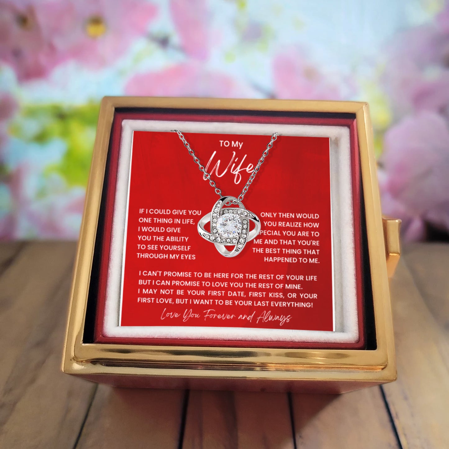 To My Wife Rotating Rose Box Love Knot Necklace