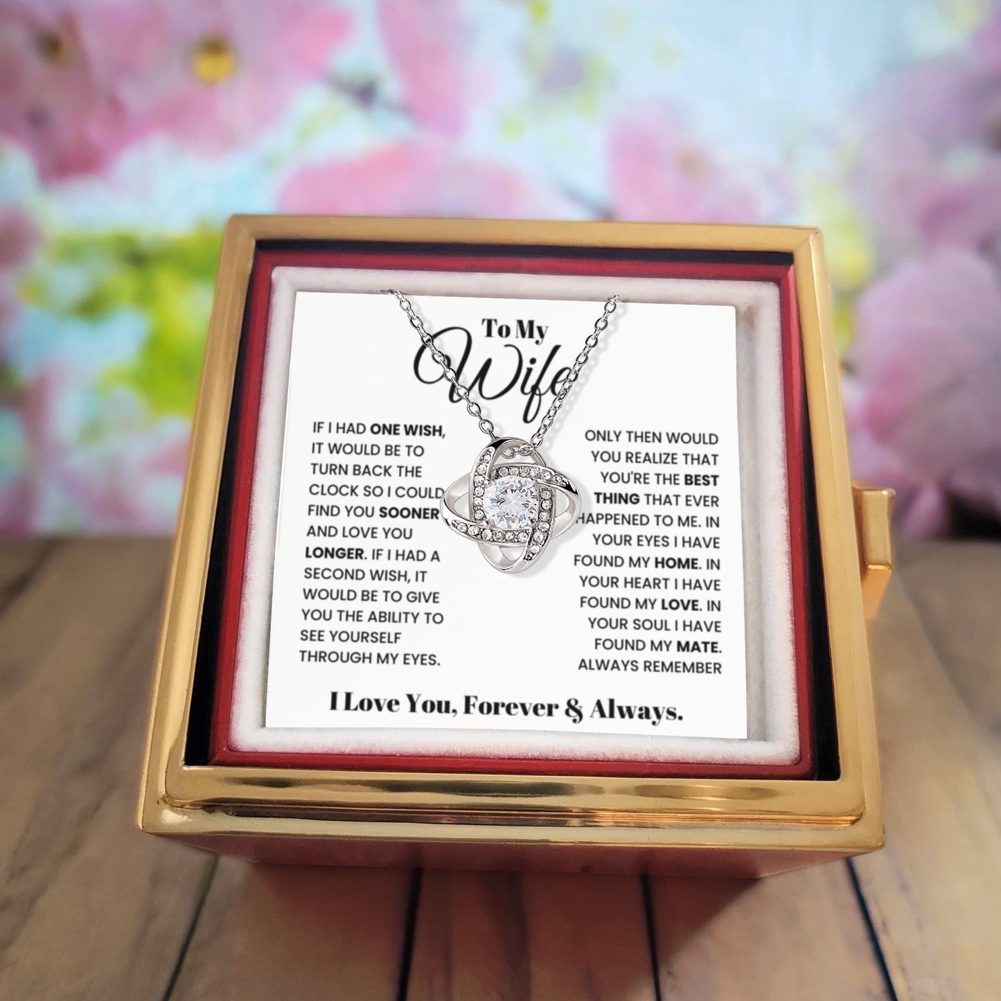 To My Wife Rotating Rose Box Love Knot Necklace