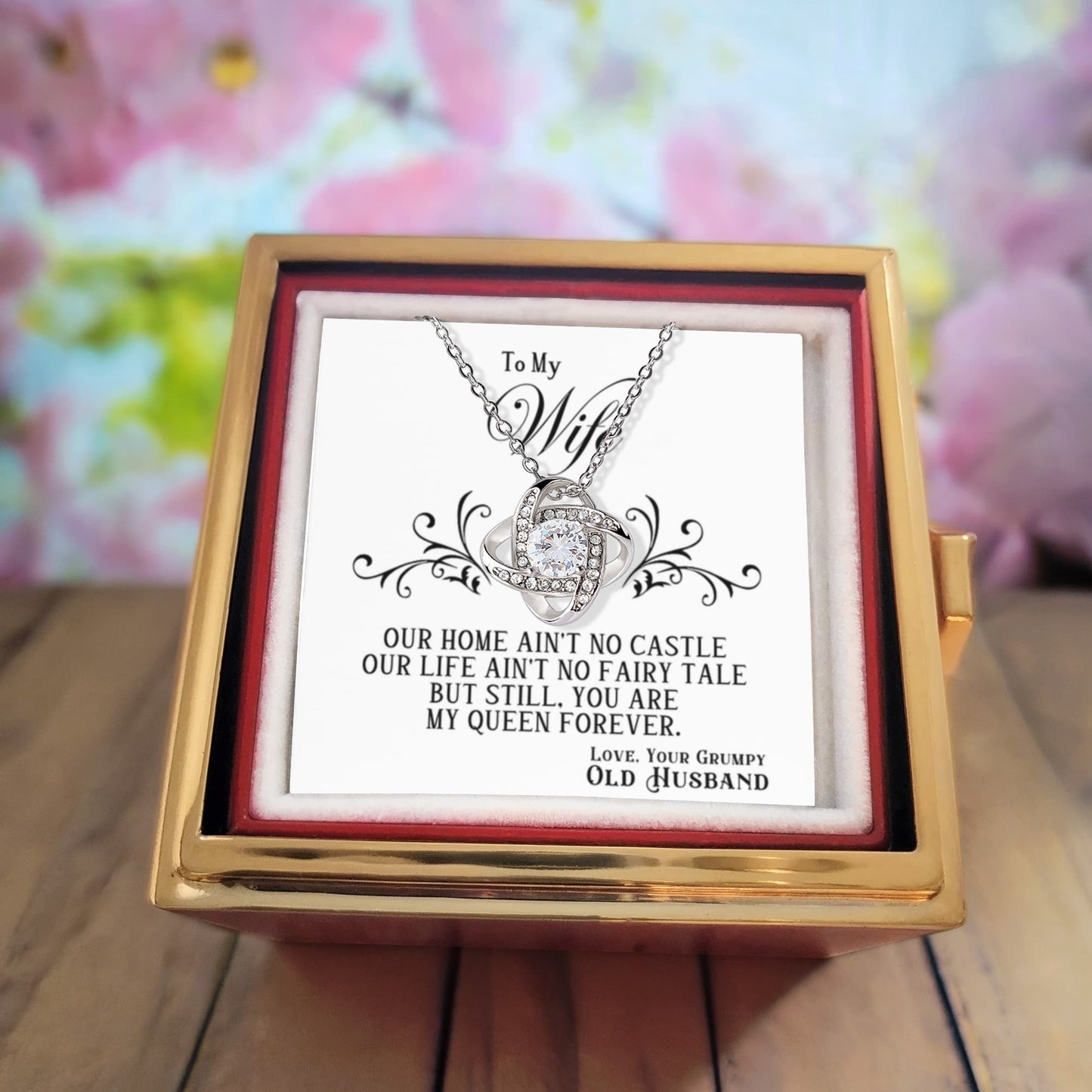 To My Wife Rotating Rose Box Love Knot Necklace