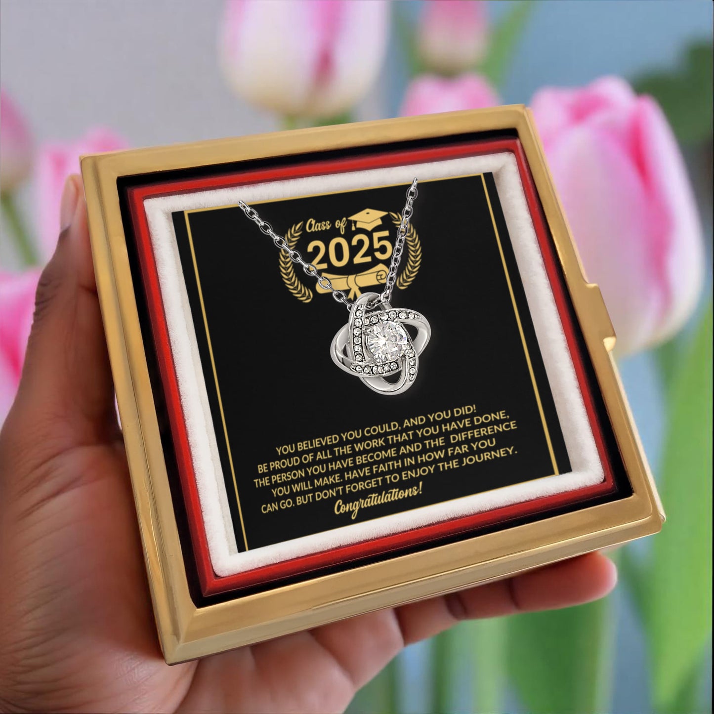 Class of 2025 Graduation Rotating Rose Box with Love Knot Necklace