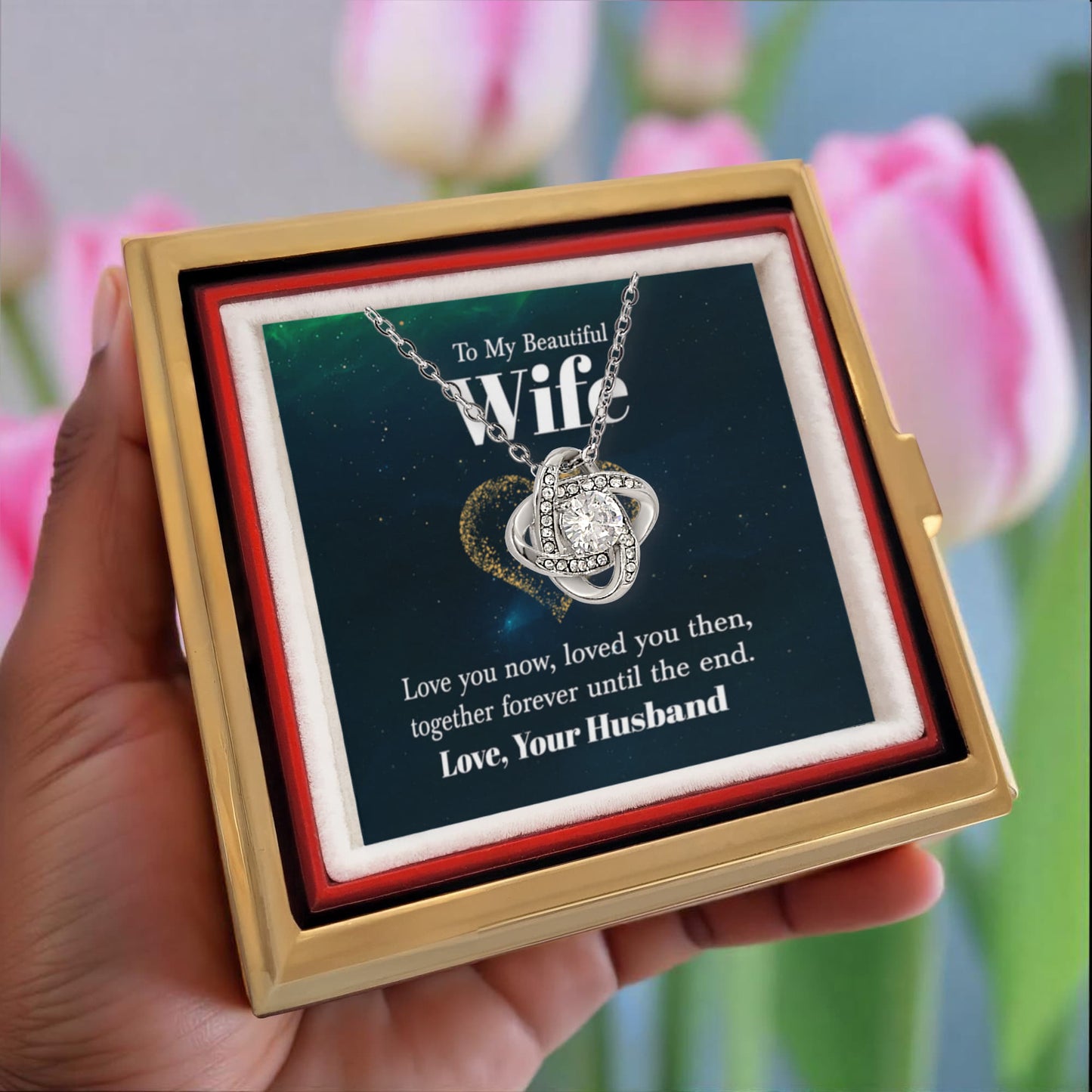 To My Beautiful Wife Rotating Rose Box and Love Knot Necklace
