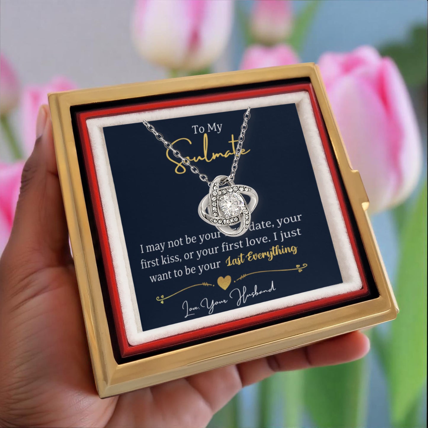 To My soulmate Rotating Rose Box Love Knot Necklace
