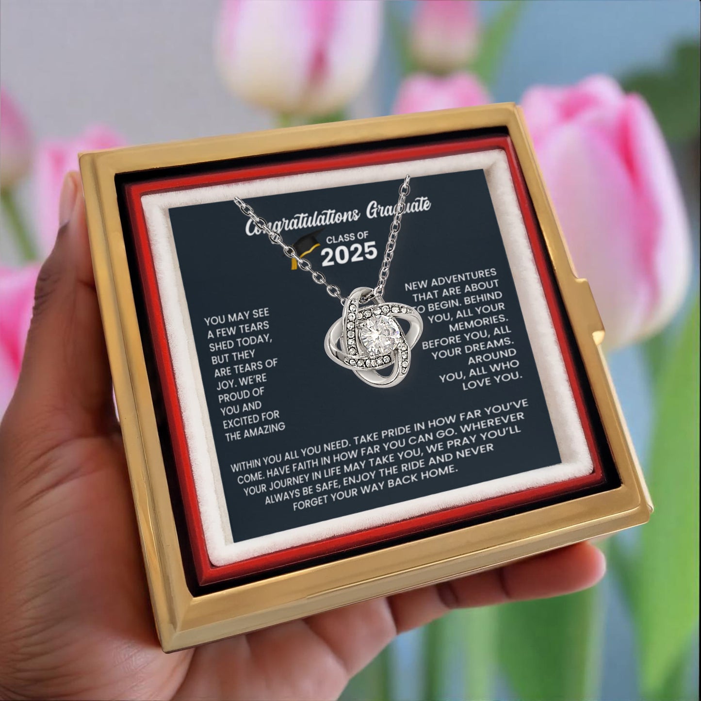 Class of 2025 Graduation Gift Set Rotating Rose Box Necklace Set