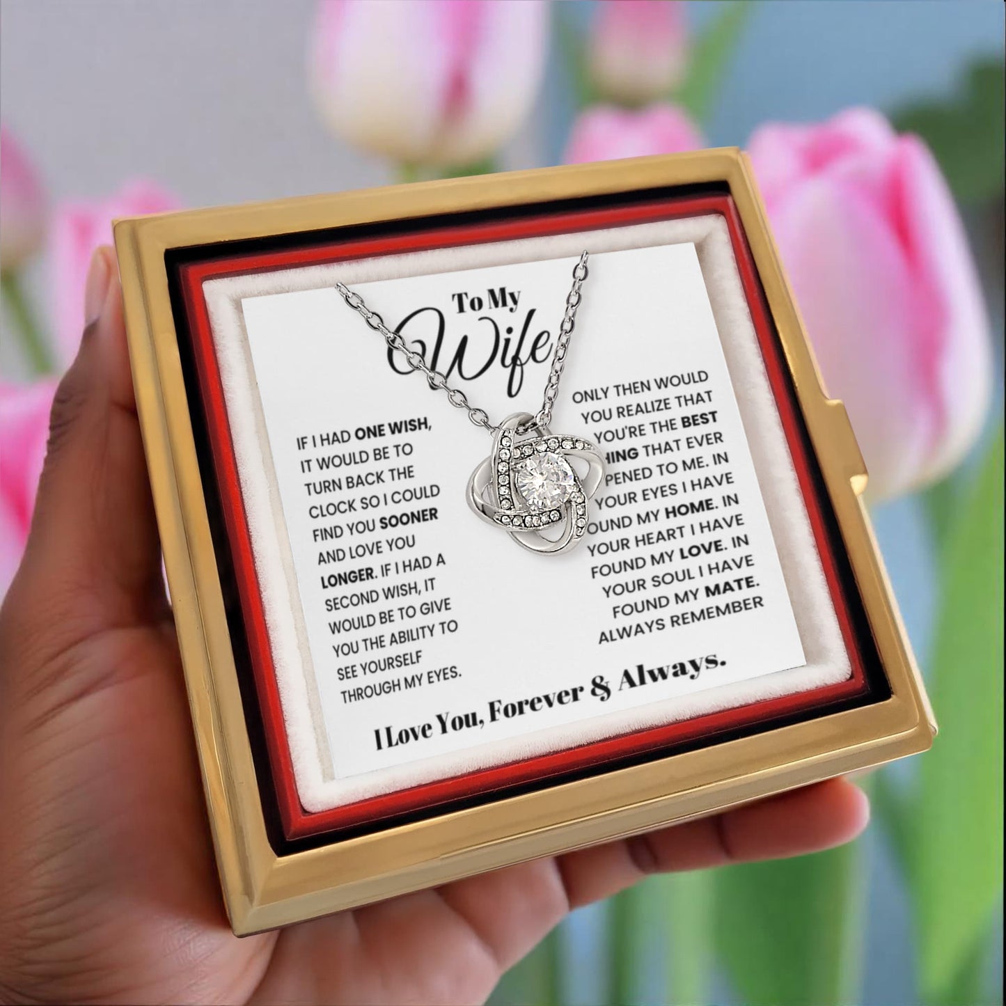 To My Wife Rotating Rose Box Love Knot Necklace