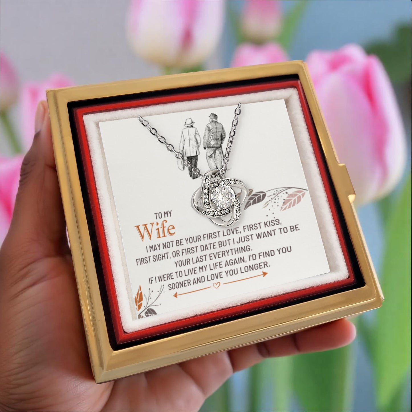 To My Wife Rotating Rose Box Love Knot Necklace