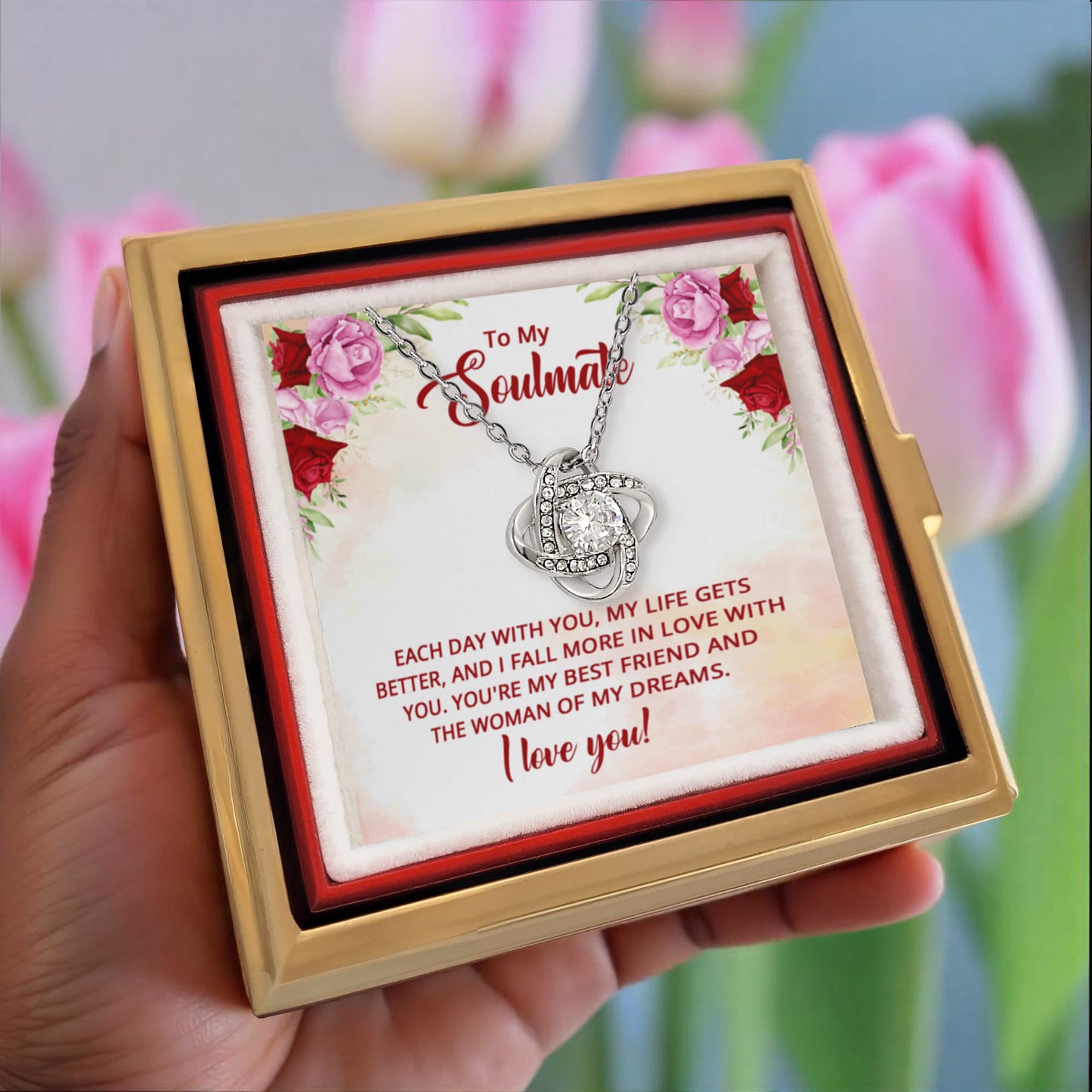 To My Soulmate Rotating Rose Box and Love Knot Necklace