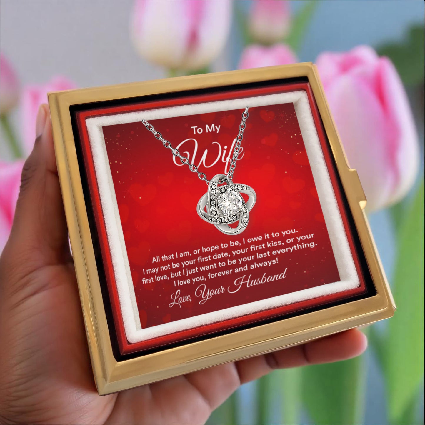 To my wife Rotating Rose Box and Love Knot Necklace