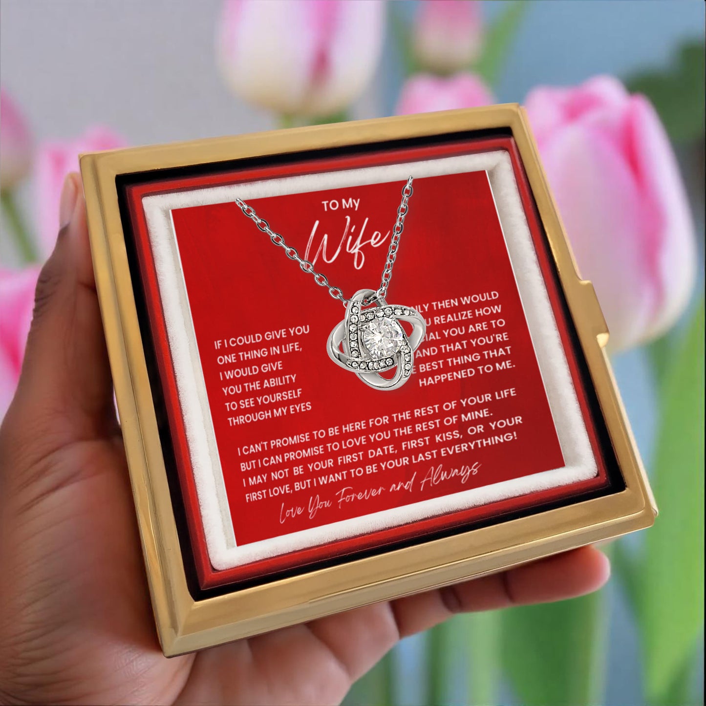 To My Wife Rotating Rose Box Love Knot Necklace