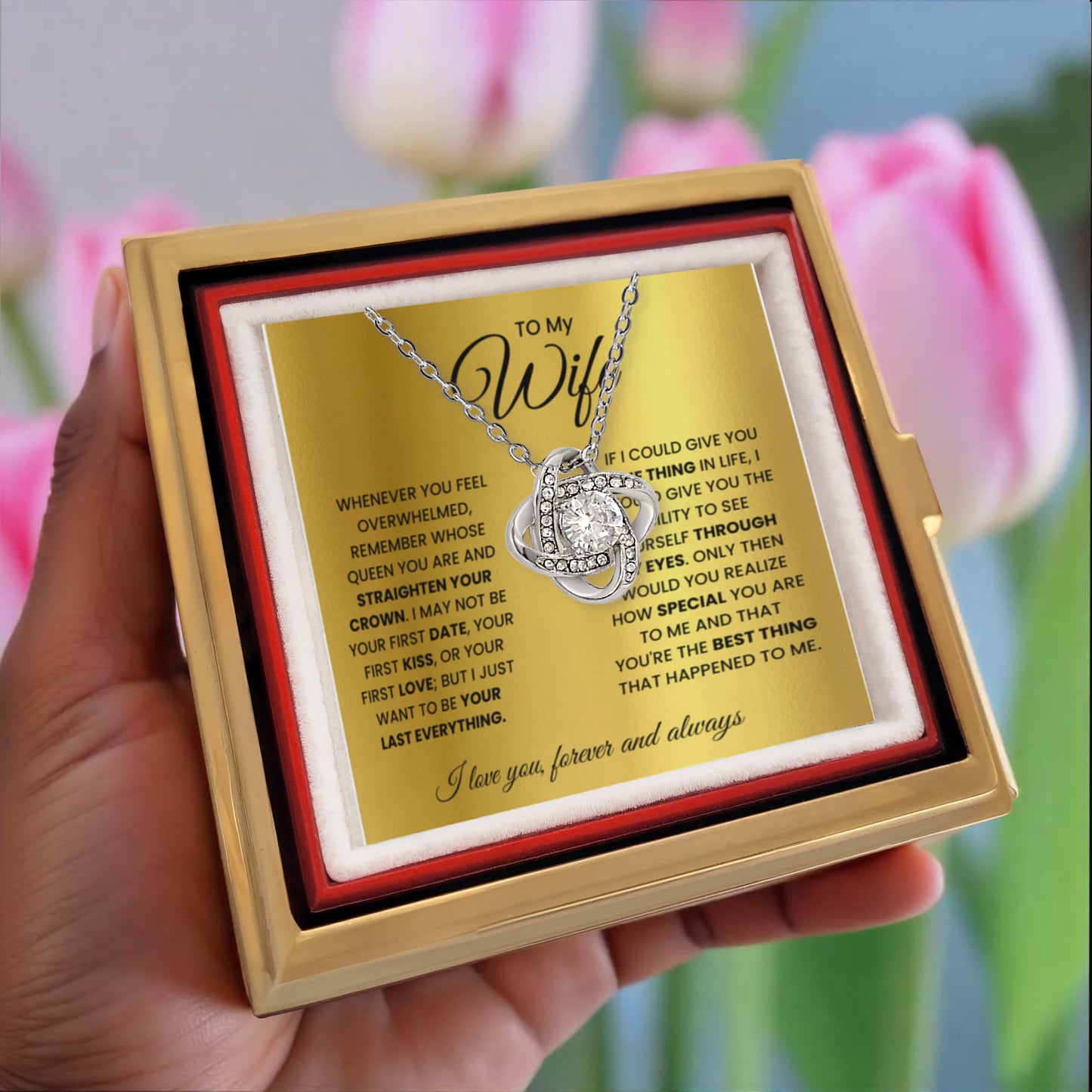 To My Wife Rotating Rose Box Love Knot Necklace