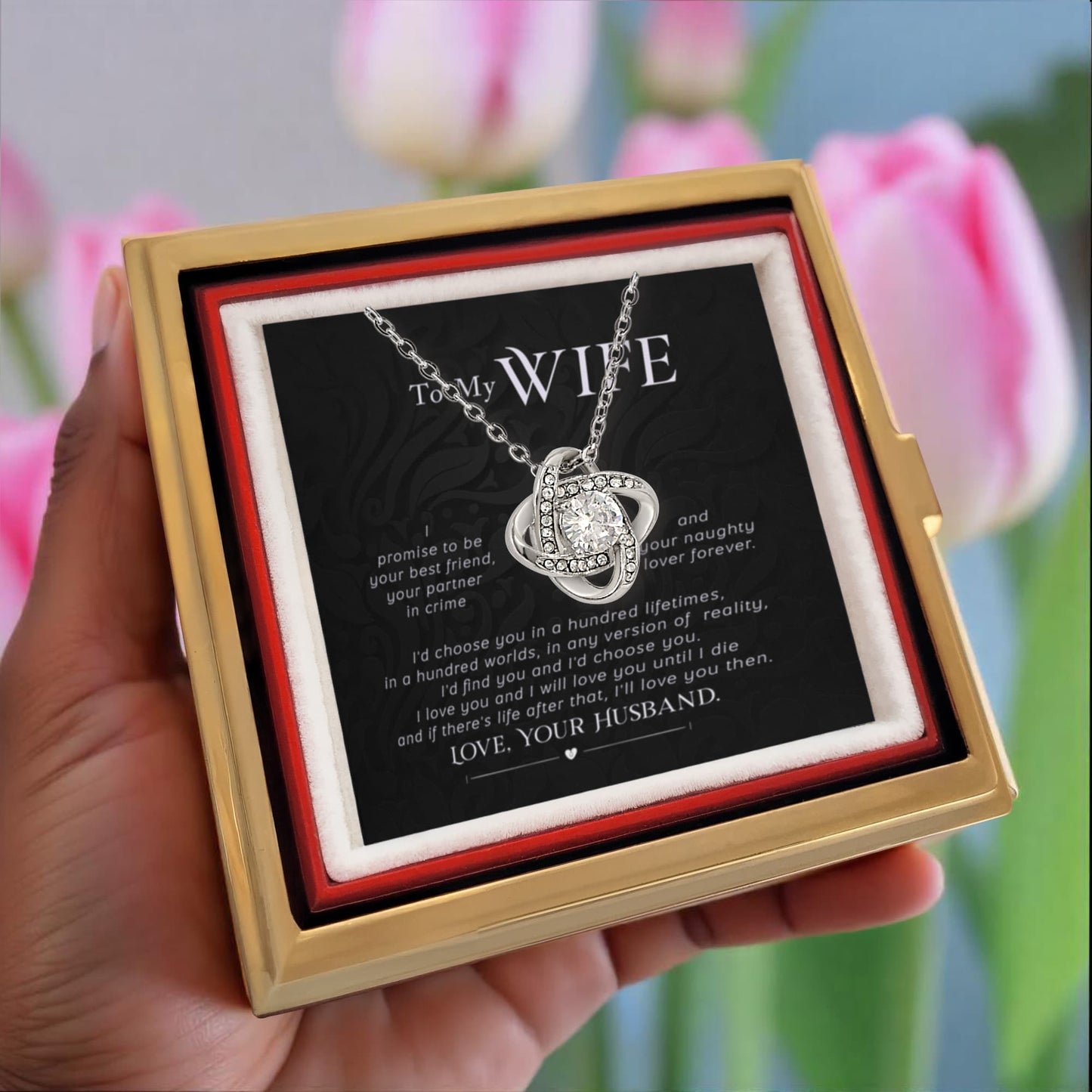 To my wife- Rotating Rose Box with Love Knot Necklace