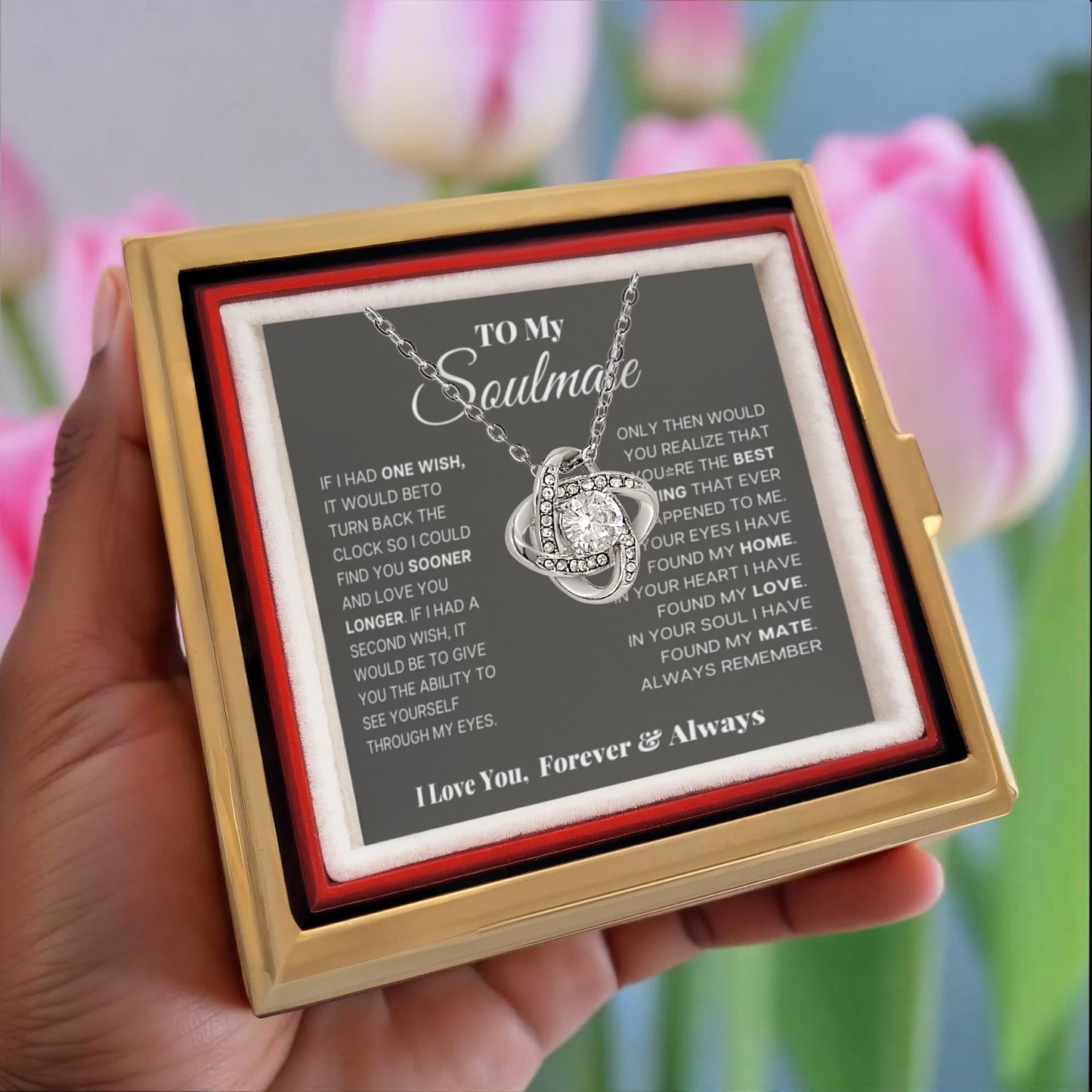 Soulmate Rotating Rose Box Love Knot Necklace