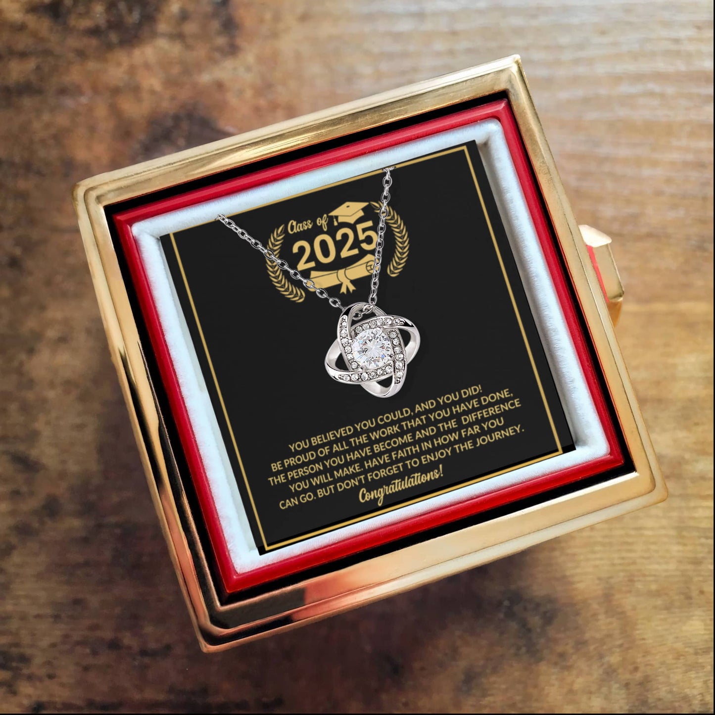 Class of 2025 Graduation Rotating Rose Box with Love Knot Necklace