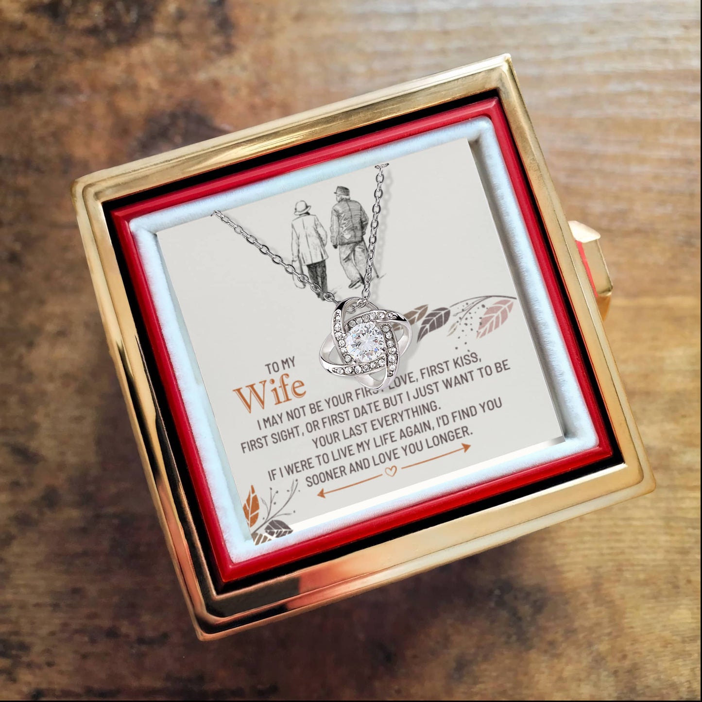 To My Wife Rotating Rose Box Love Knot Necklace