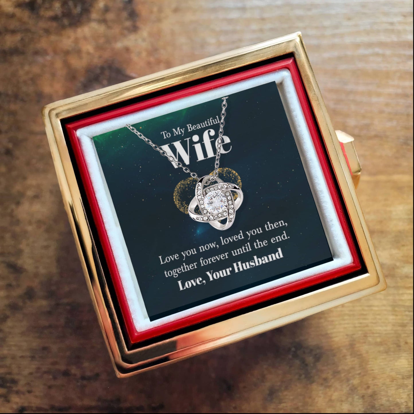 To My Beautiful Wife Rotating Rose Box and Love Knot Necklace