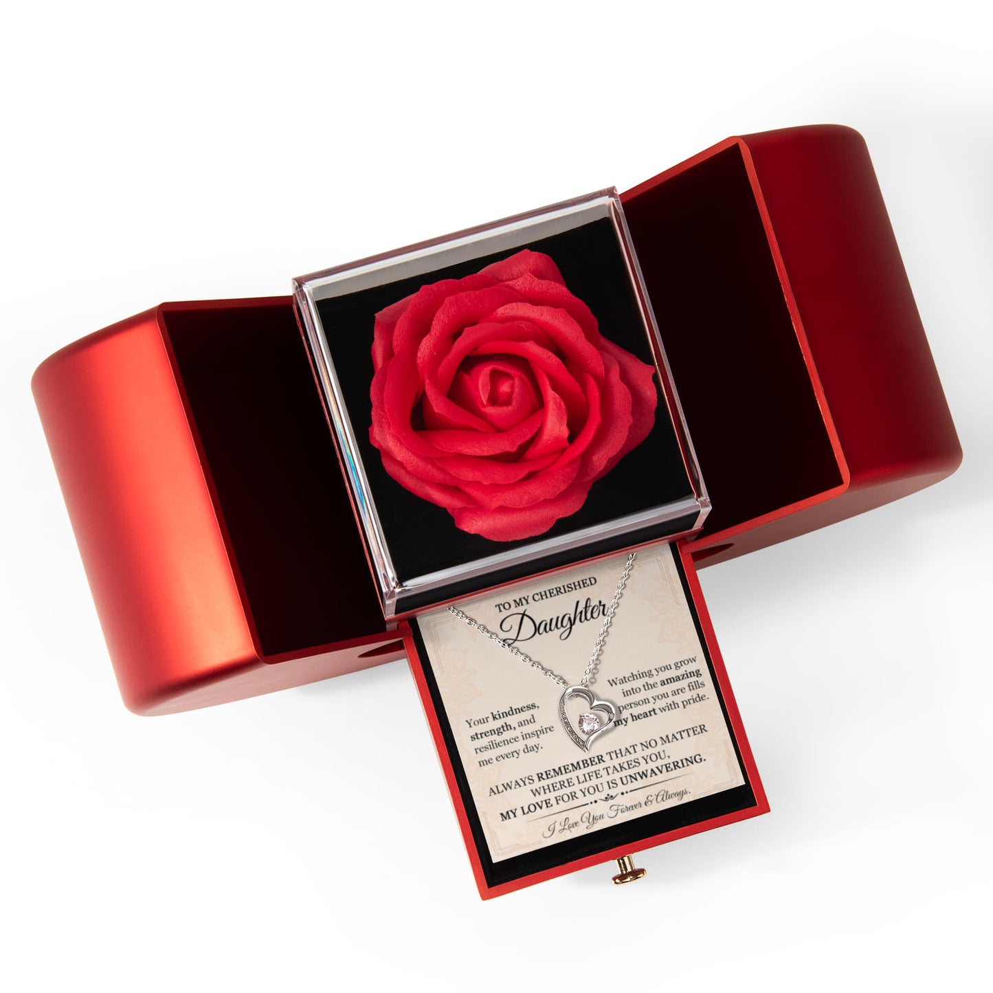 To My Cherished Daughter Heart Necklace & Rose Gift Box Set