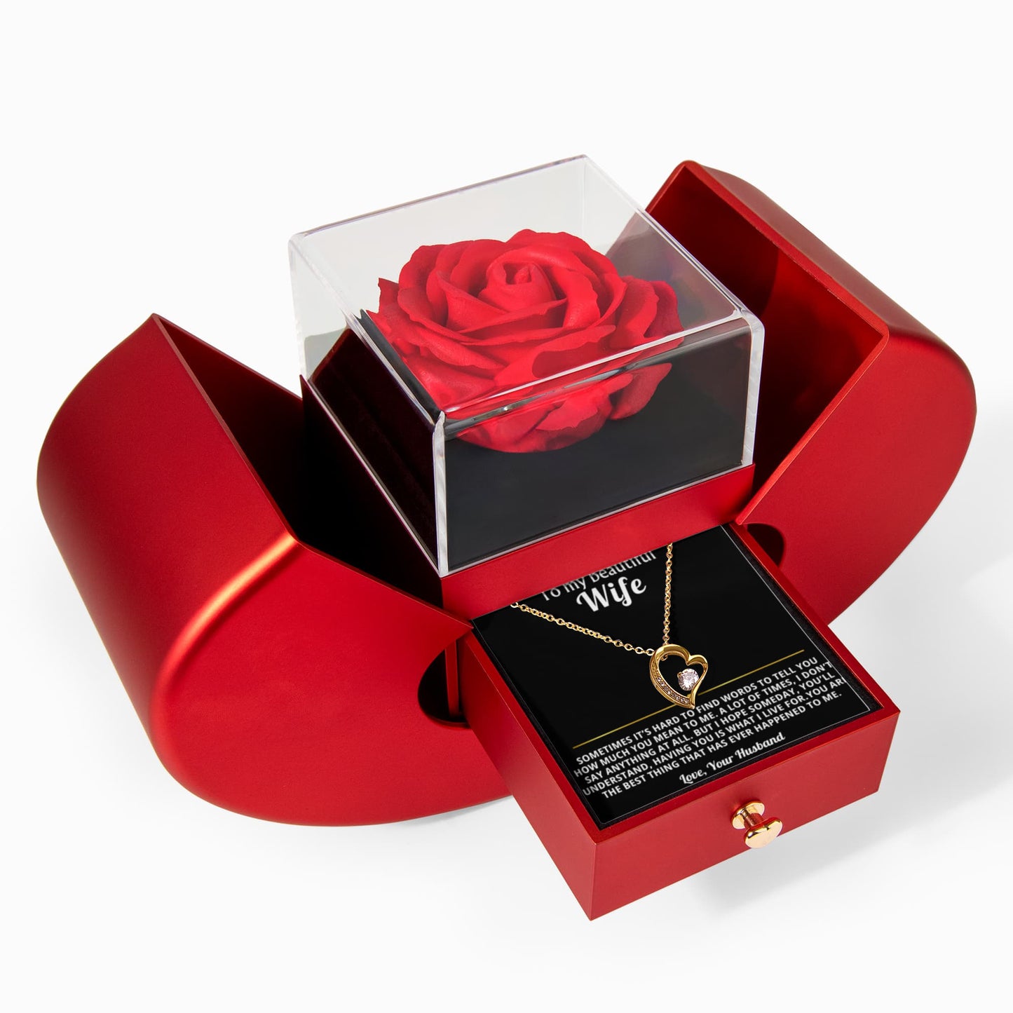 To My Wife Heart Necklace and Rose Gift Box Set