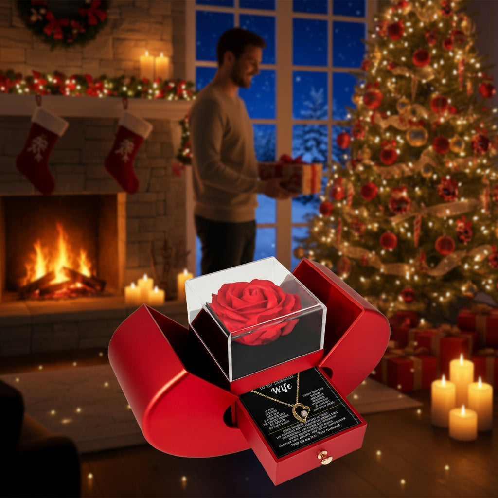 To My Beautiful Wife Preserved Rose and Heart Necklace Gift Set