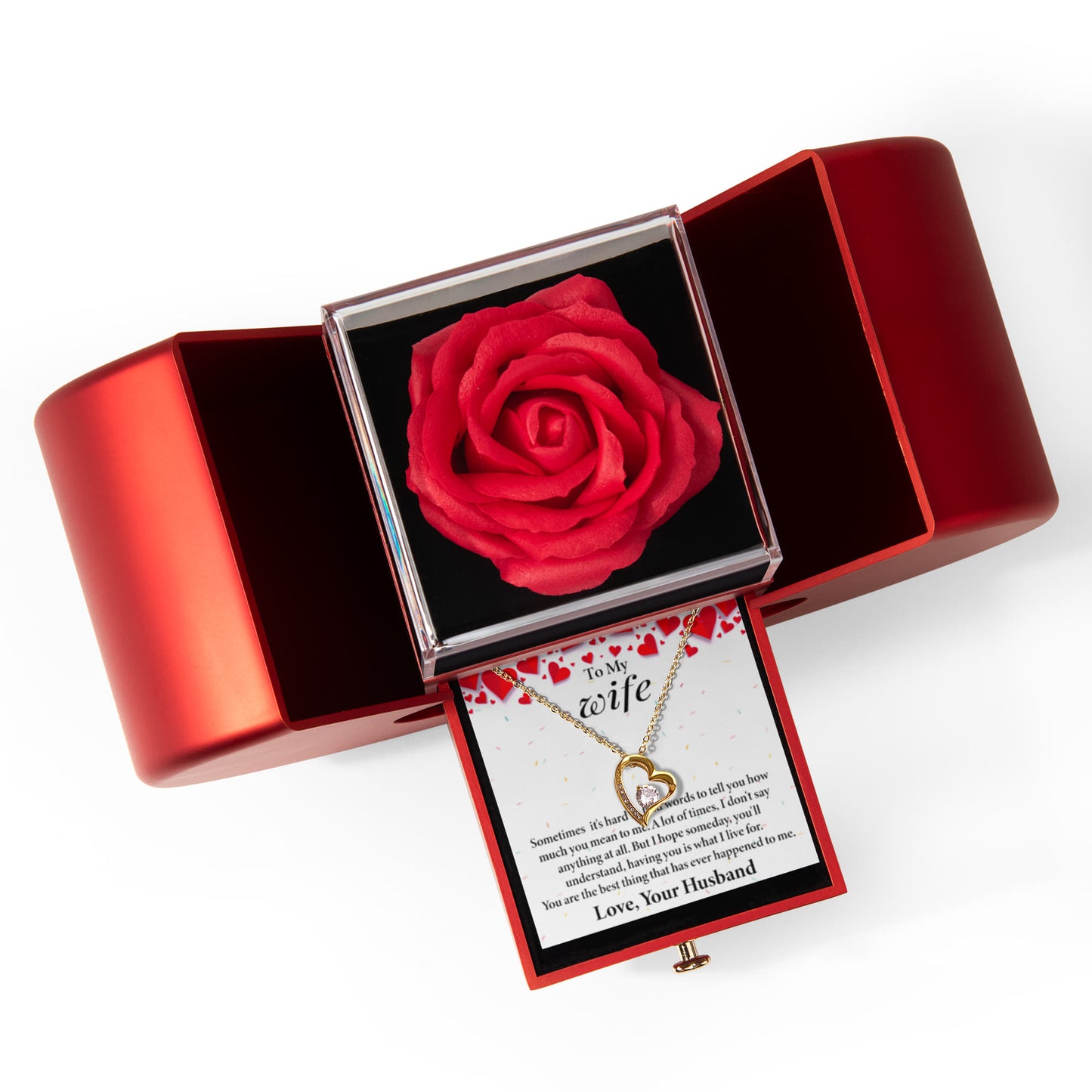 To My Beautiful Wife Heart Necklace Preserved Rose Box Gift Set
