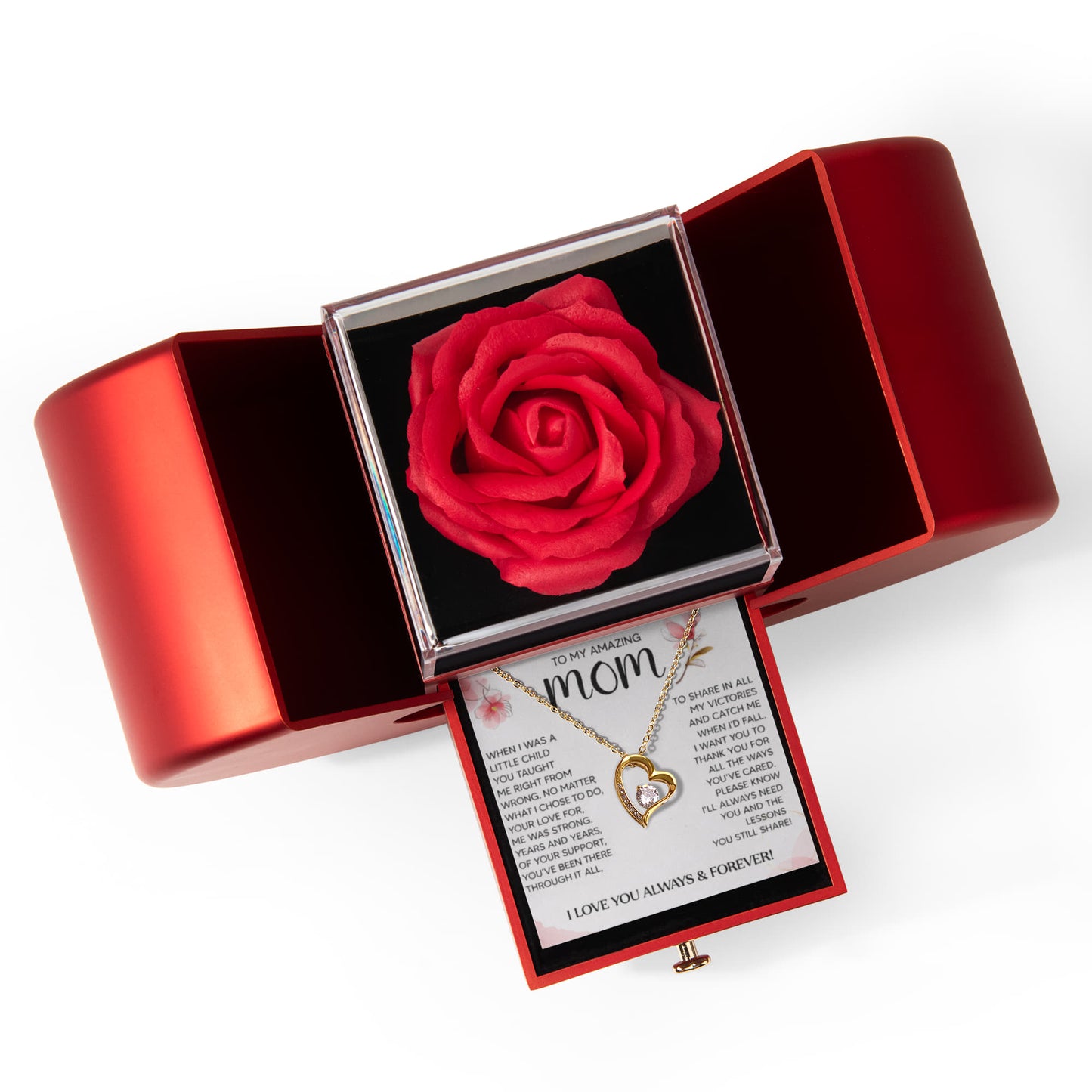 Mom Heart Necklace & Rose Gift Box Set