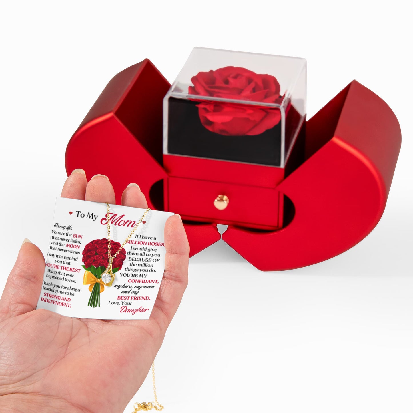 Mom Petite Ribbon Necklace & Rose Gift Box Sset