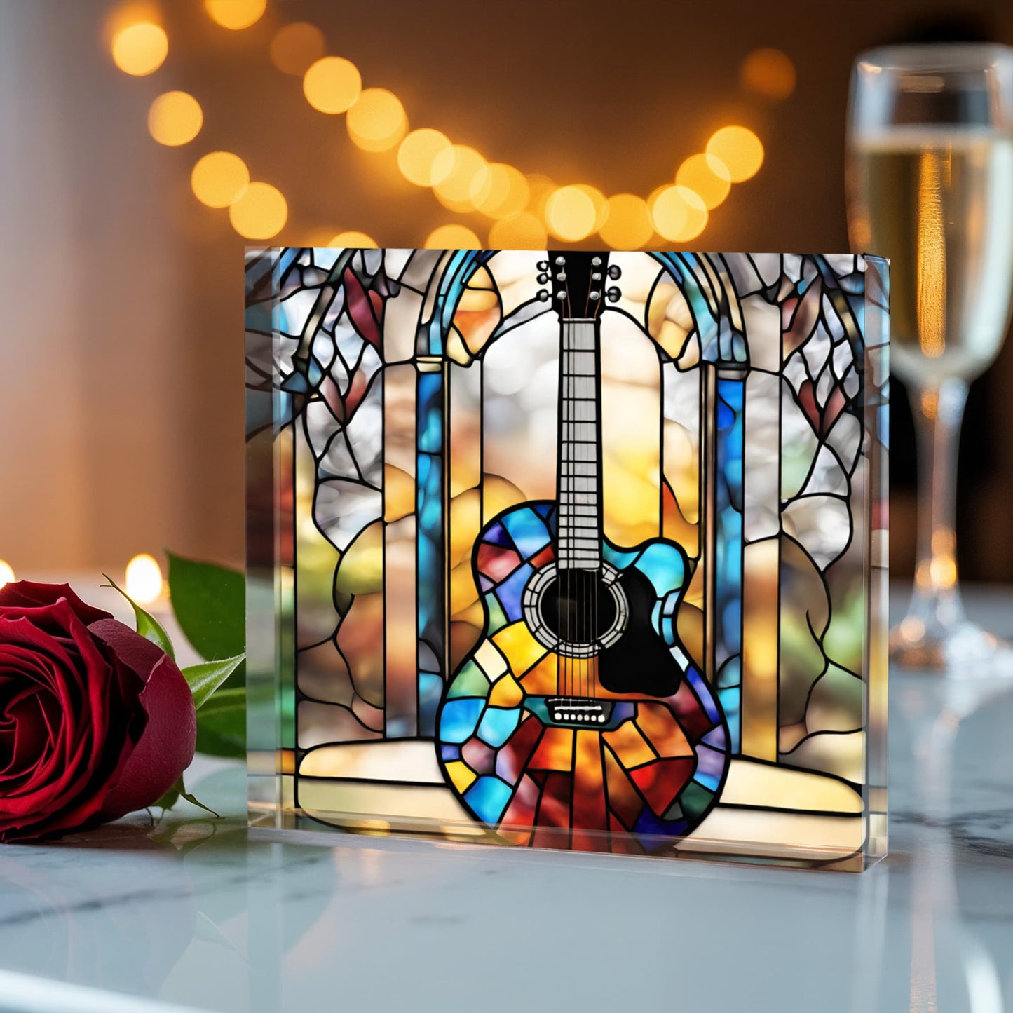 Stained Glass Style Guitar Printed Acrylic Block