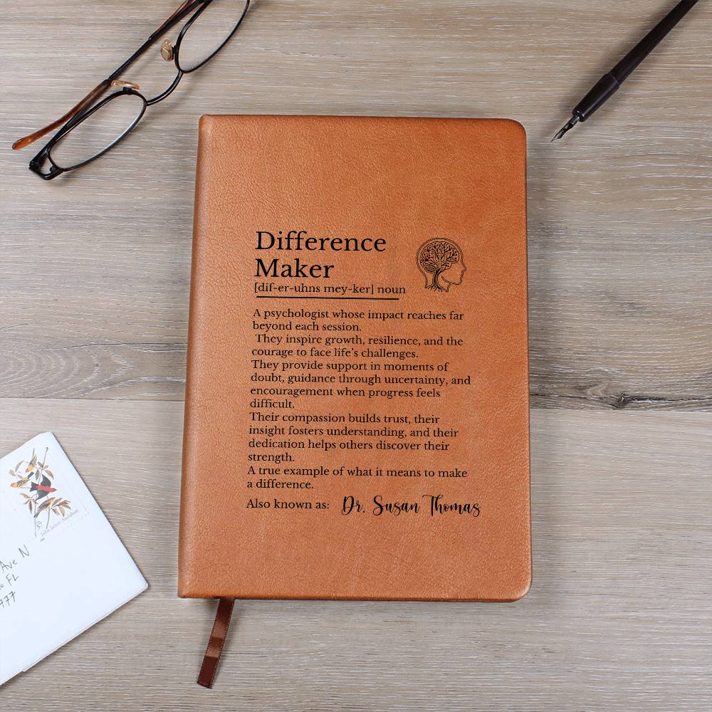 Psychologist Difference Maker Journal, Vegan Leather Notebook, Graduation Gift for Psychologists, Personalized Gift