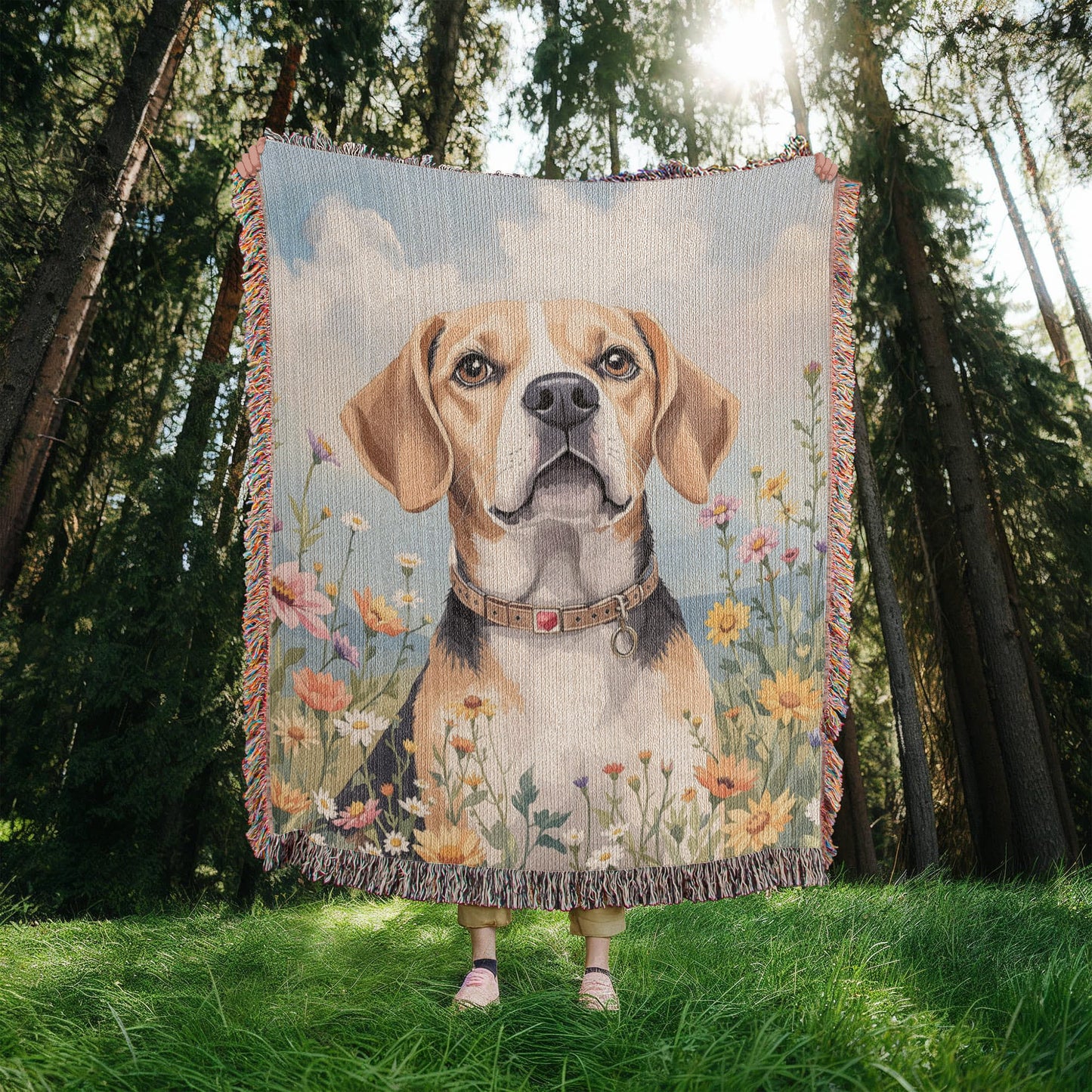 Watercolor Beagle Wildflower Floral Woven Cotton Throw Blanket
