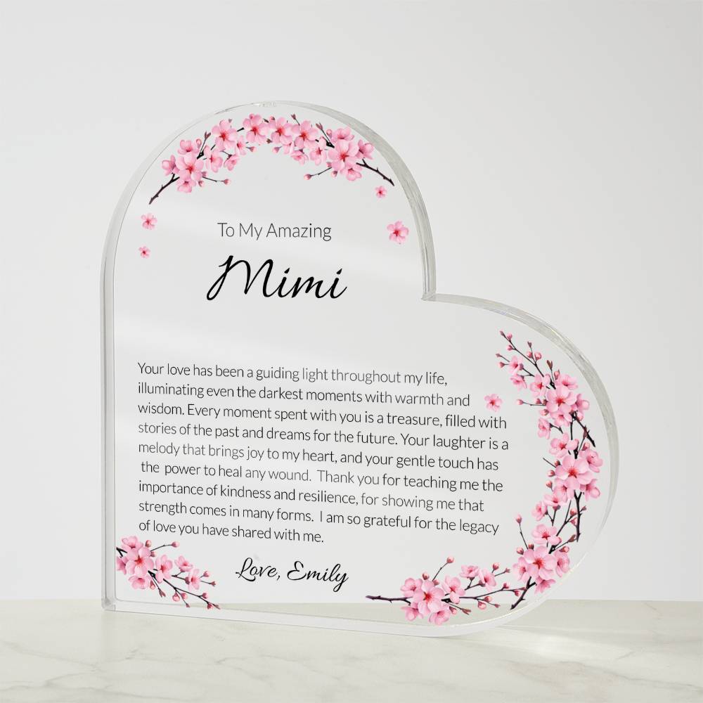 Mimi Acrylic Heart Plaque, Grandma Gift, Personalized Grandma Keepsake, Heartfelt Grandmother Tribute, Mother's Day Gift for Mimi