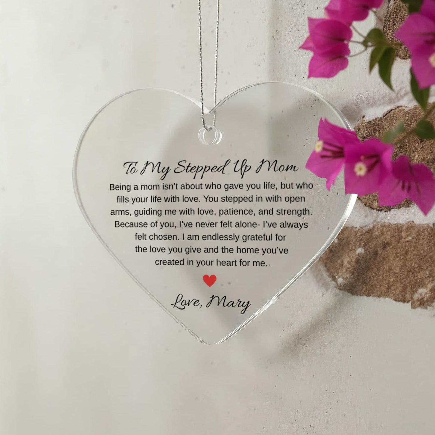 Stepped Up Mom Acrylic Heart Ornament, Personalized Christmas Gift, UV Printed Keepsake, Mother Appreciation Gift, Heart Ornament