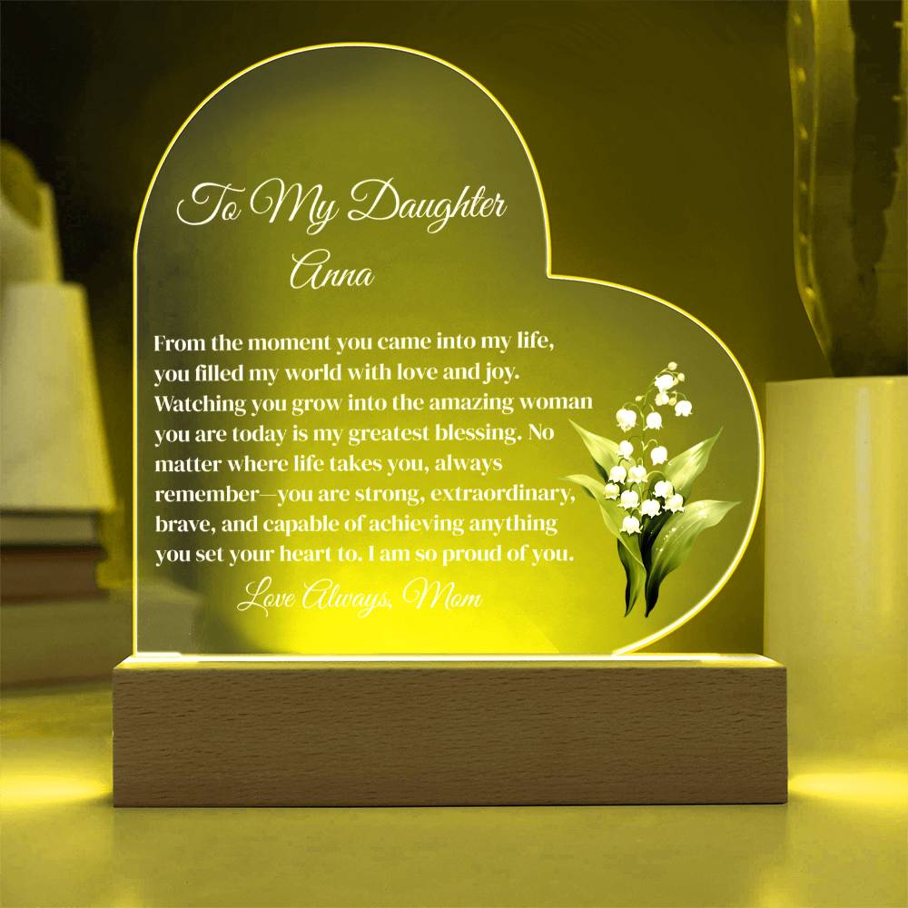 Personalized Daughter Lighted Acrylic Heart Plaque with Birth Flower