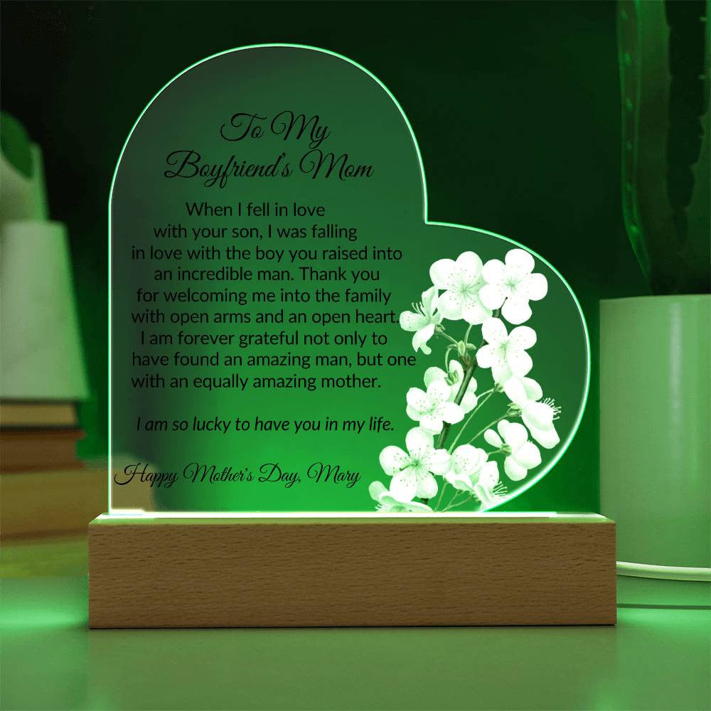 Boyfriends Mom Acrylic Heart Plaque