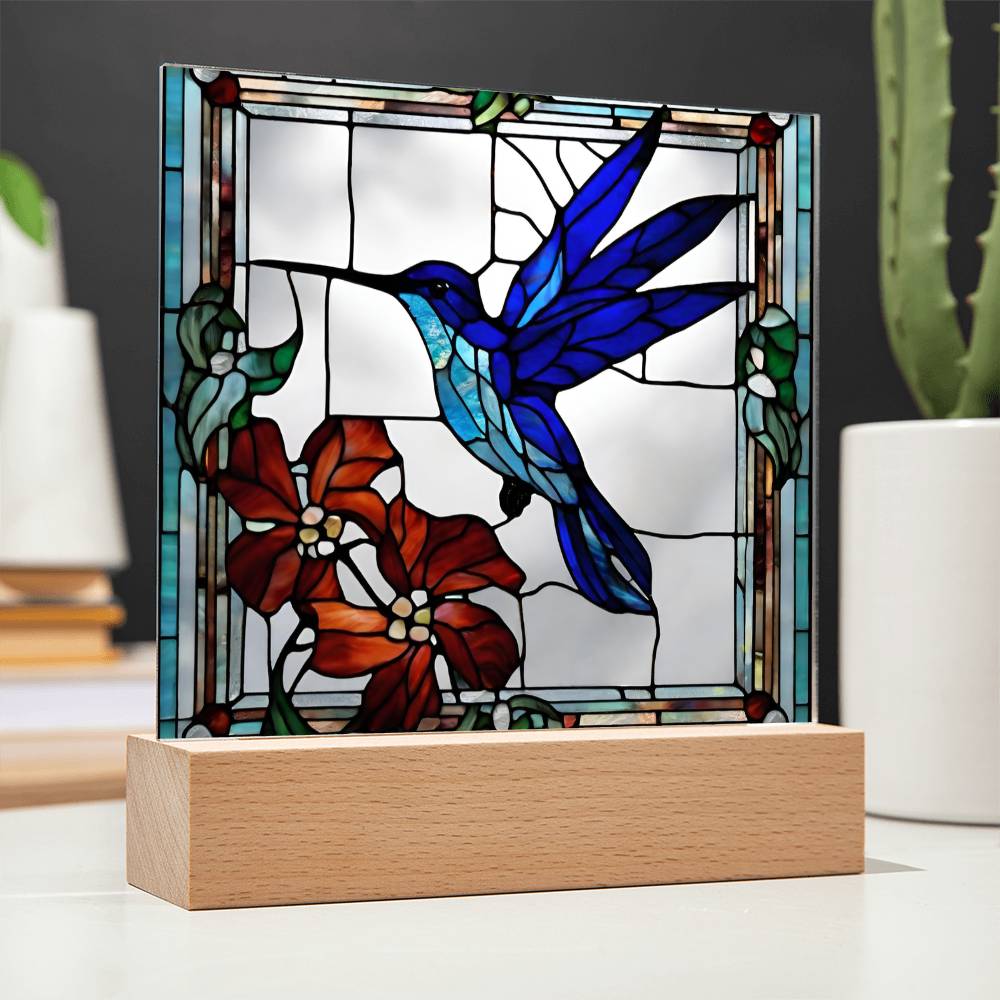 Hummingbird Flowers Faux Stained Glass LED Acrylic Plaque