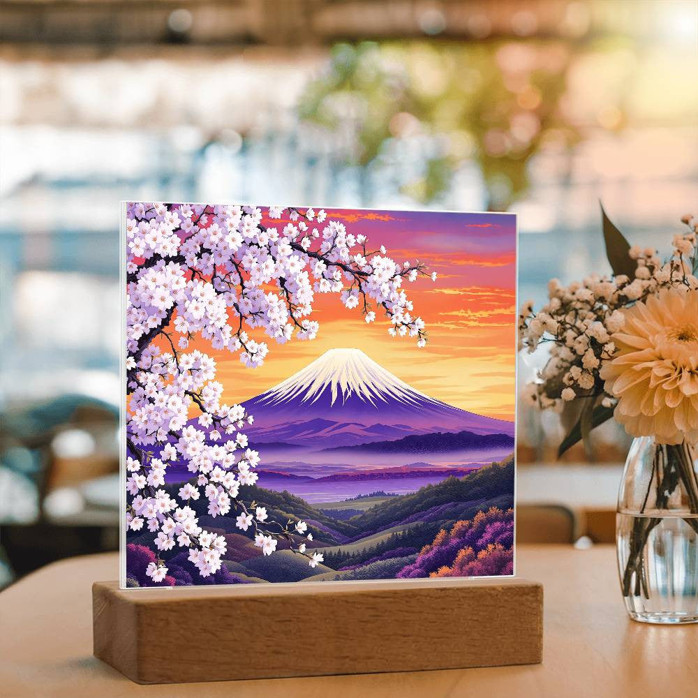 Cherry Blossom Mountainscape Lighted Nightlight Plaque