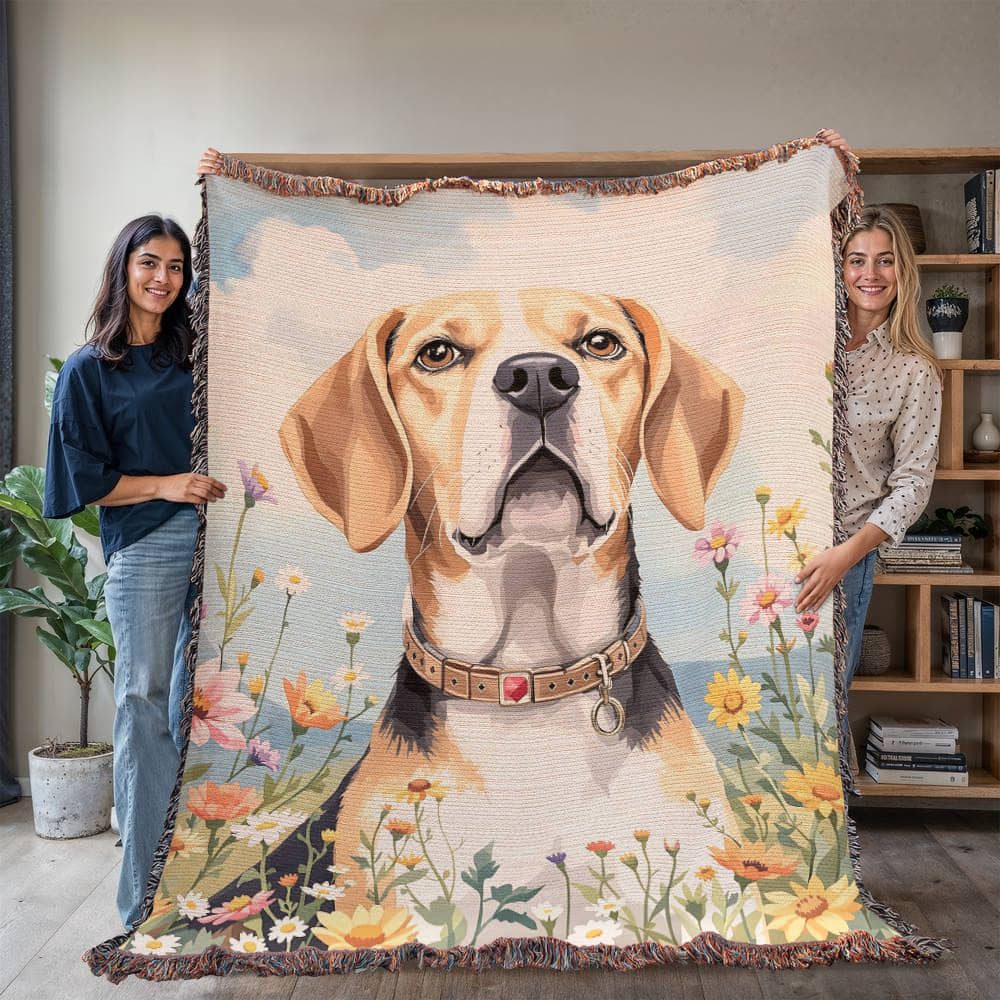 Watercolor Beagle Wildflower Floral Woven Cotton Throw Blanket