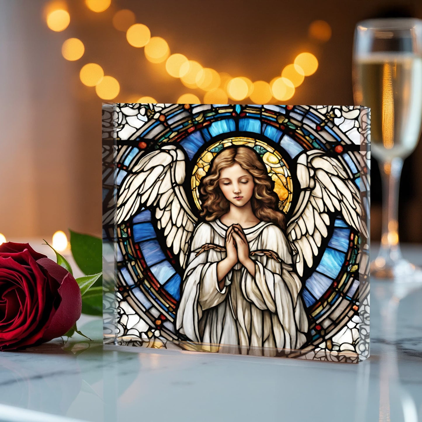 Stained Glass Angel Acrylic Block, Decorative Angel Artwork, Inspirational Home Decor, Elegant Religious Gift, Spiritual Keepsake