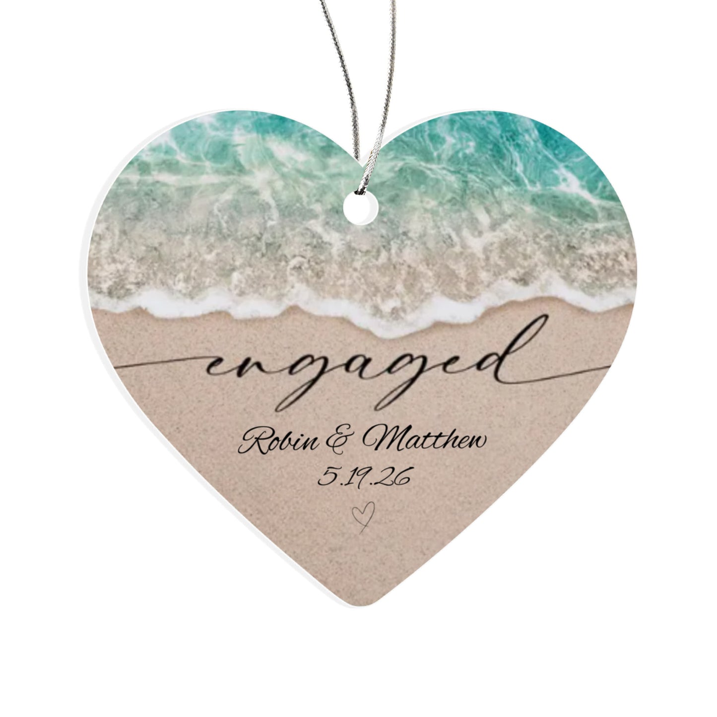 Acrylic Heart Beach Ornament, Personalized Engagement Keepsake, Beach Theme Wedding, Custom Names in Sand Gift