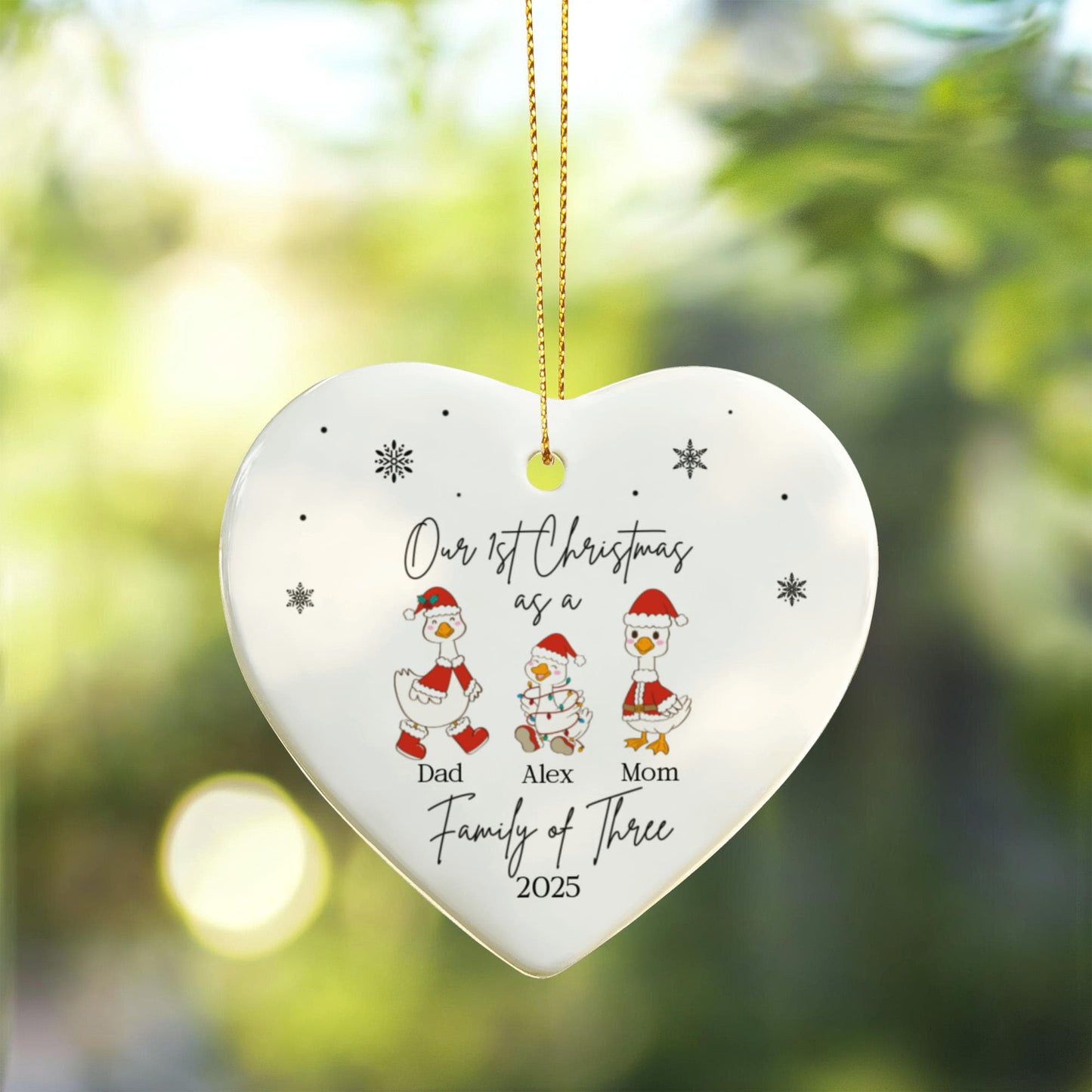 Family of Three Goose Ornament, Christmas Tree Decoration, Heart Ceramic Ornament, Personalized Family Keepsake, Holiday Home Decor