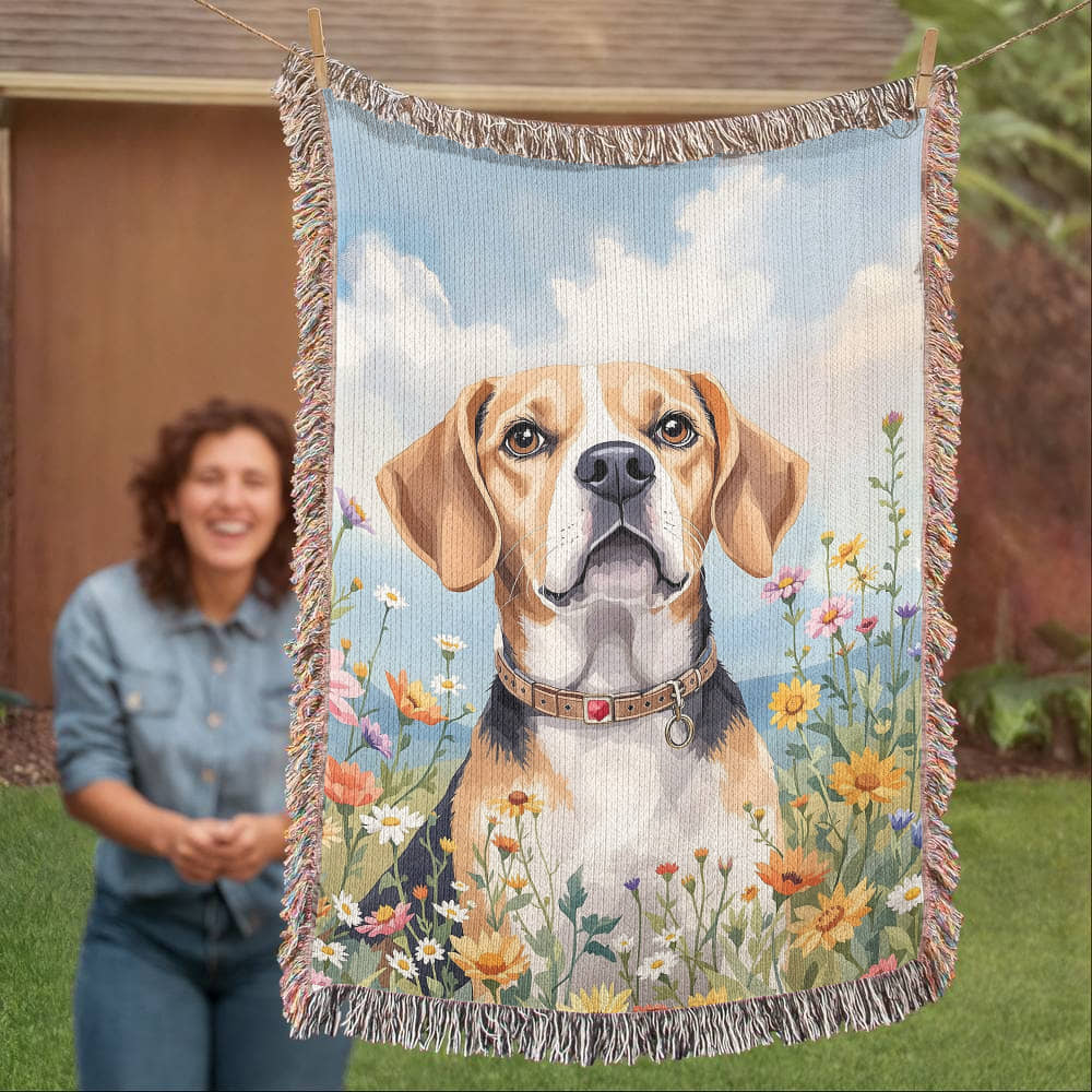 Watercolor Beagle Wildflower Floral Woven Cotton Throw Blanket