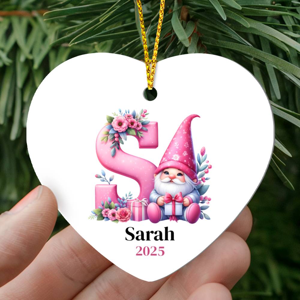 Personalized Heart Ornament, Pink Gnome Christmas Gift, Custom Holiday Decoration, Galentine's Heart Gift for Friend, Monogram, Initial