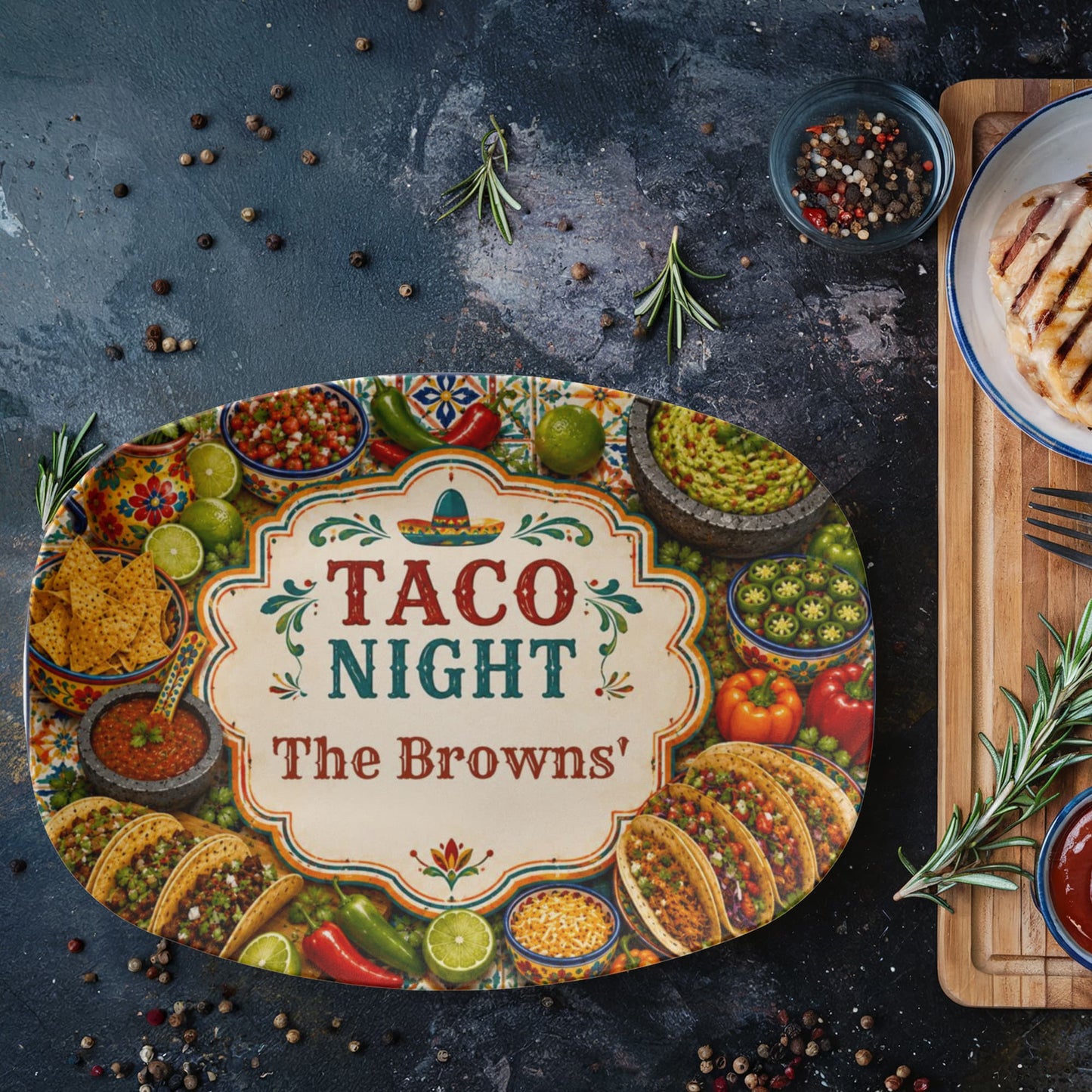 Personalized Taco Serving Tray, Family Name Tray, Custom Taco Night Platter, Mexican Fiesta Decor, Unique Housewarming Gift, Kitchen Tableware,