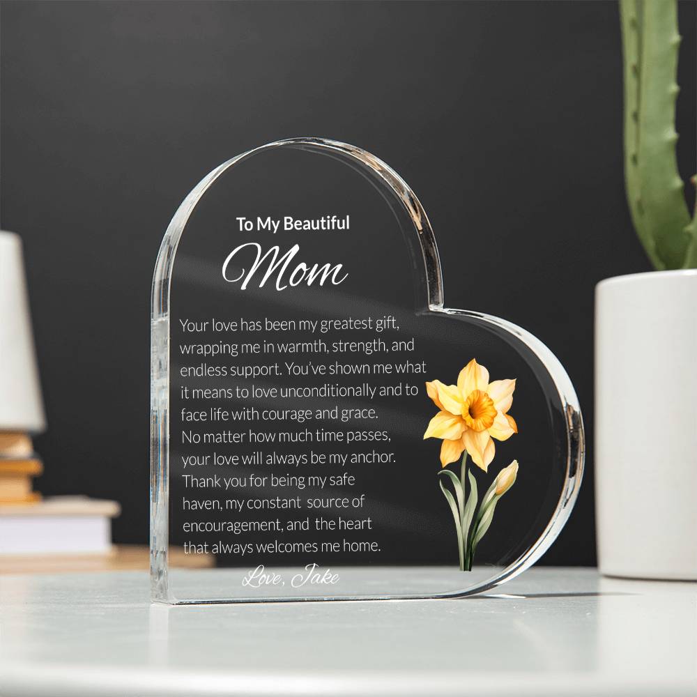 Mom Acrylic Heart Plaque with Personalized Birthflower