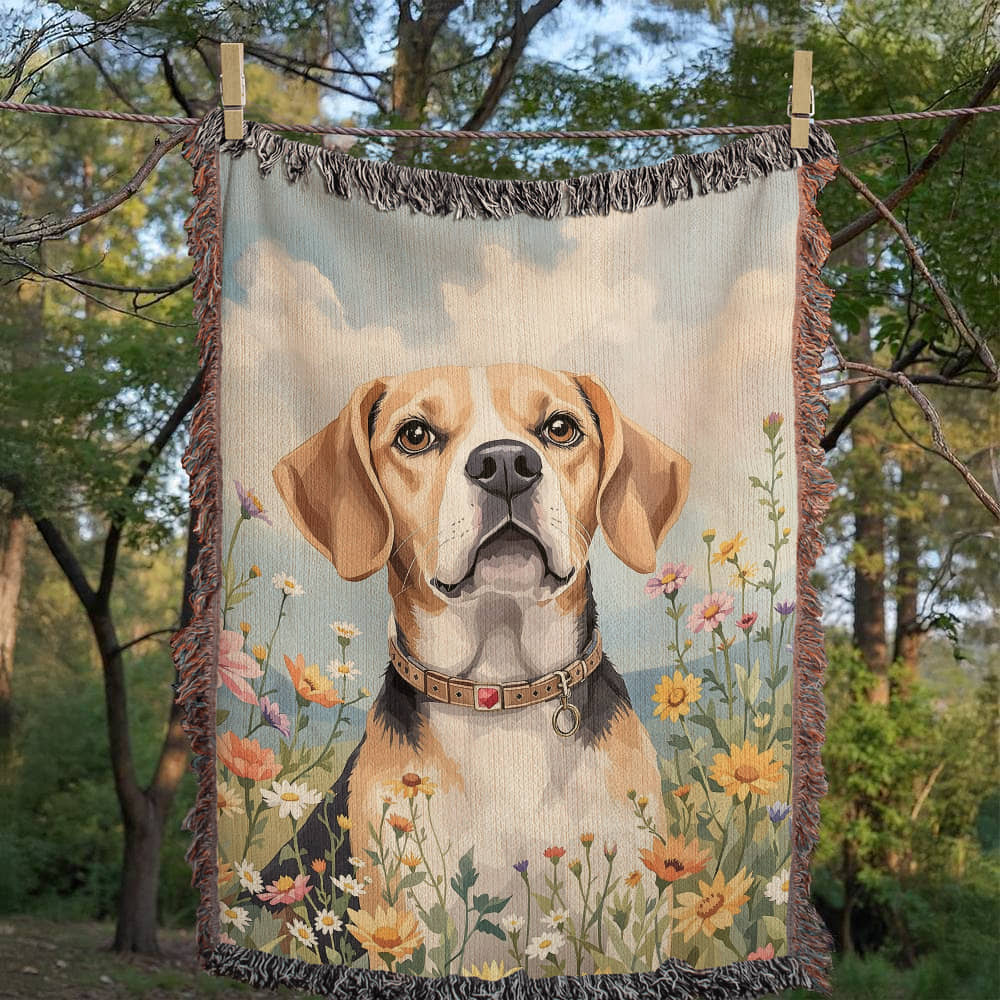Watercolor Beagle Wildflower Floral Woven Cotton Throw Blanket