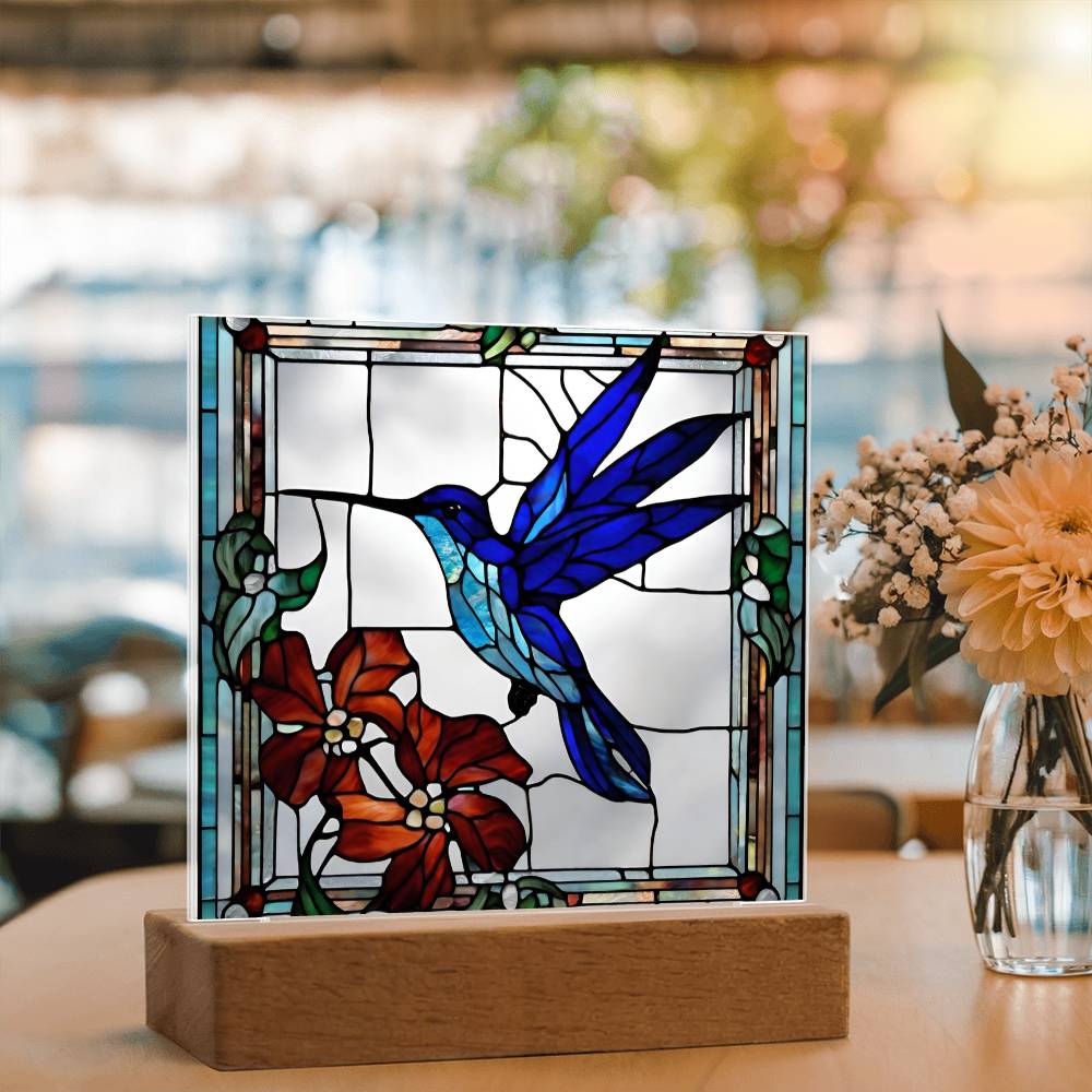 Hummingbird Flowers Faux Stained Glass LED Acrylic Plaque