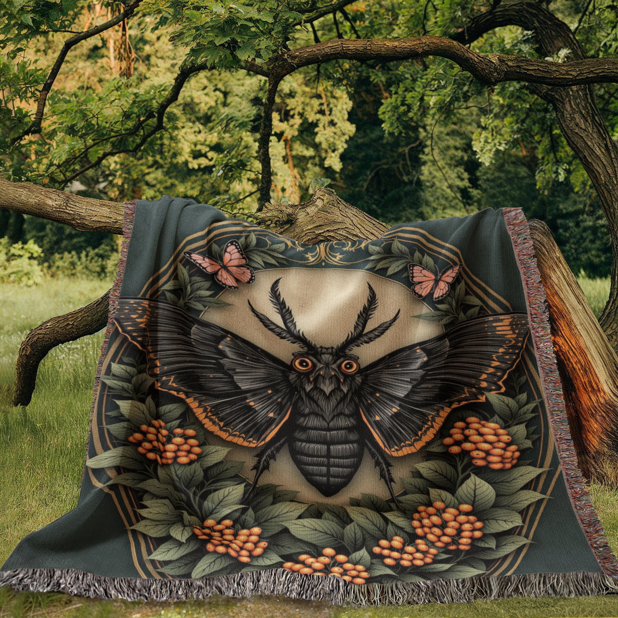 Dark Cottagecore Moth Blanket Woven Tapestry Mystical, Dark 