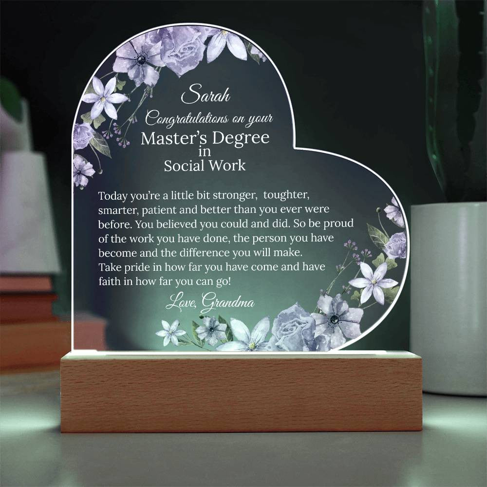 Personalized Masters Degree Light Acrylic Heart Plaque