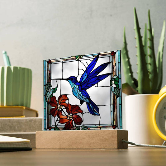 Hummingbird Flowers Faux Stained Glass LED Acrylic Plaque